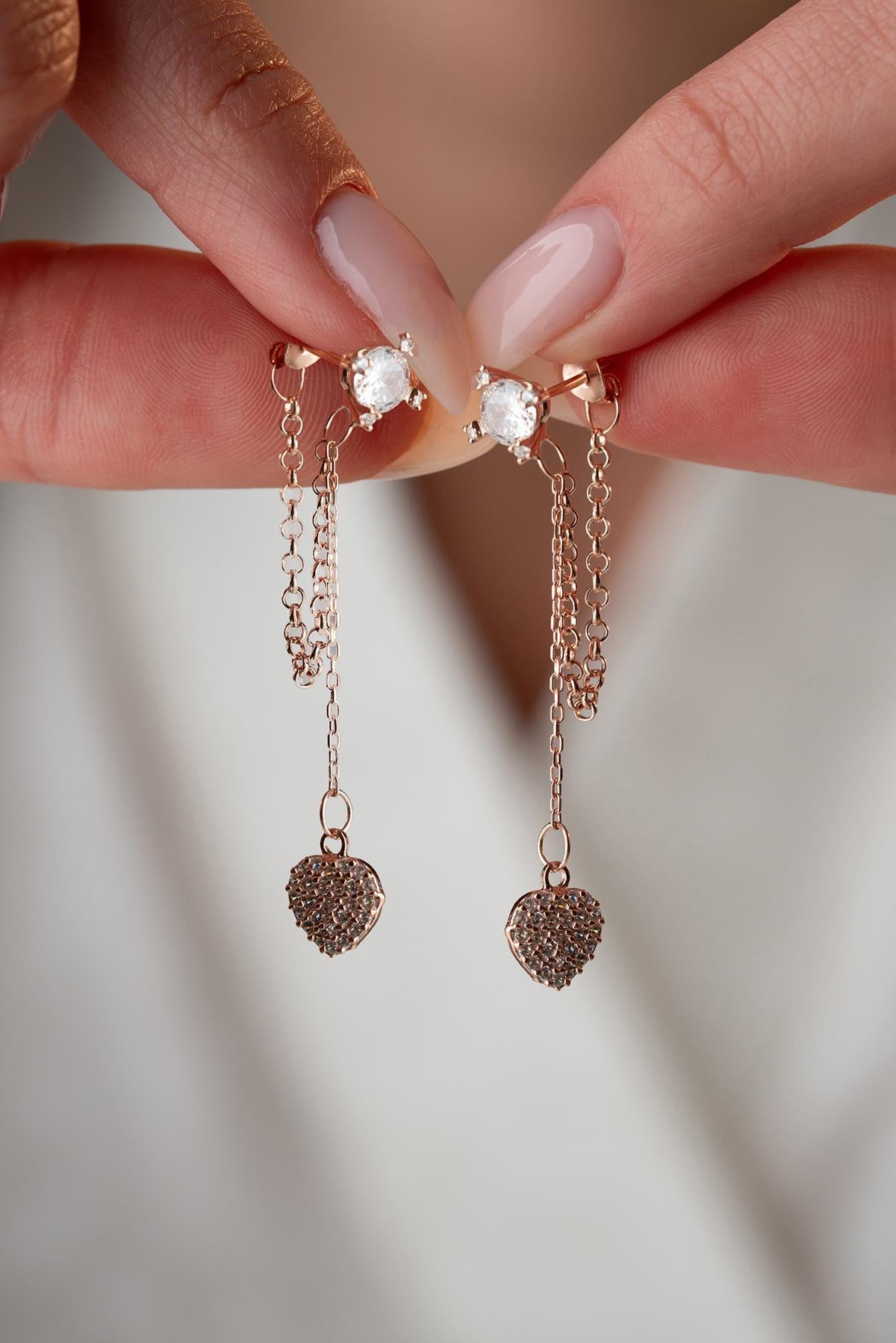 Rose Gold Heart Chain Earrings | Dainty Zircon Drop Earrings | Romantic Jewelry Gift for Her