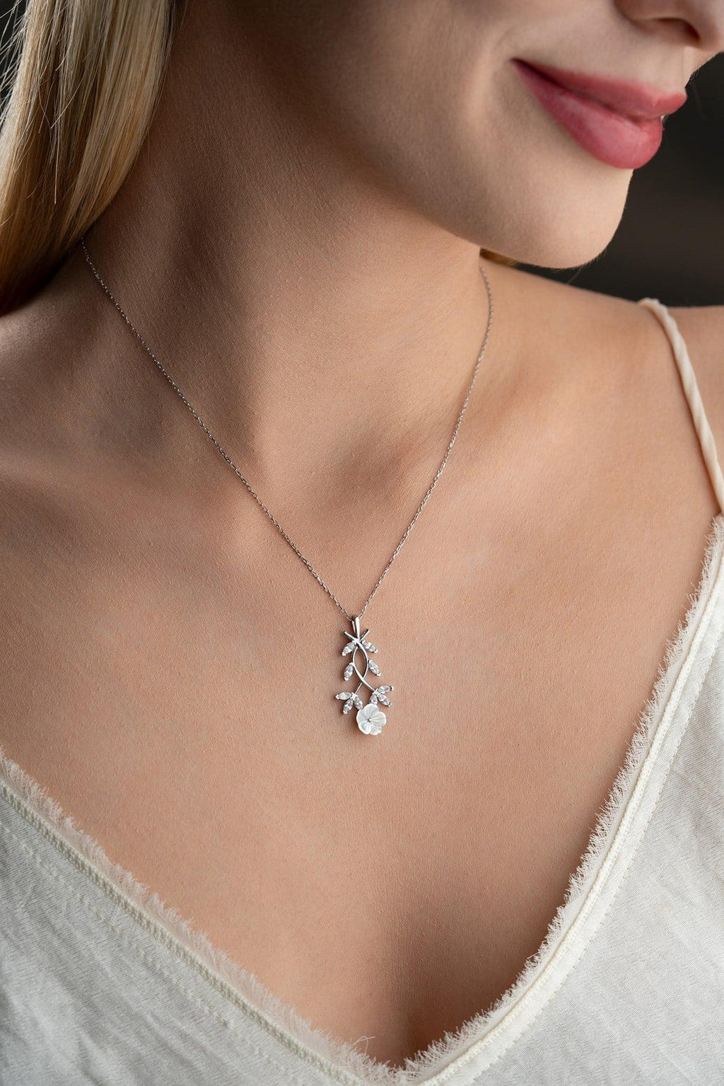 Sterling Silver Magnolia Necklace | Floral Zircon Pendant | Elegant Gift for Her