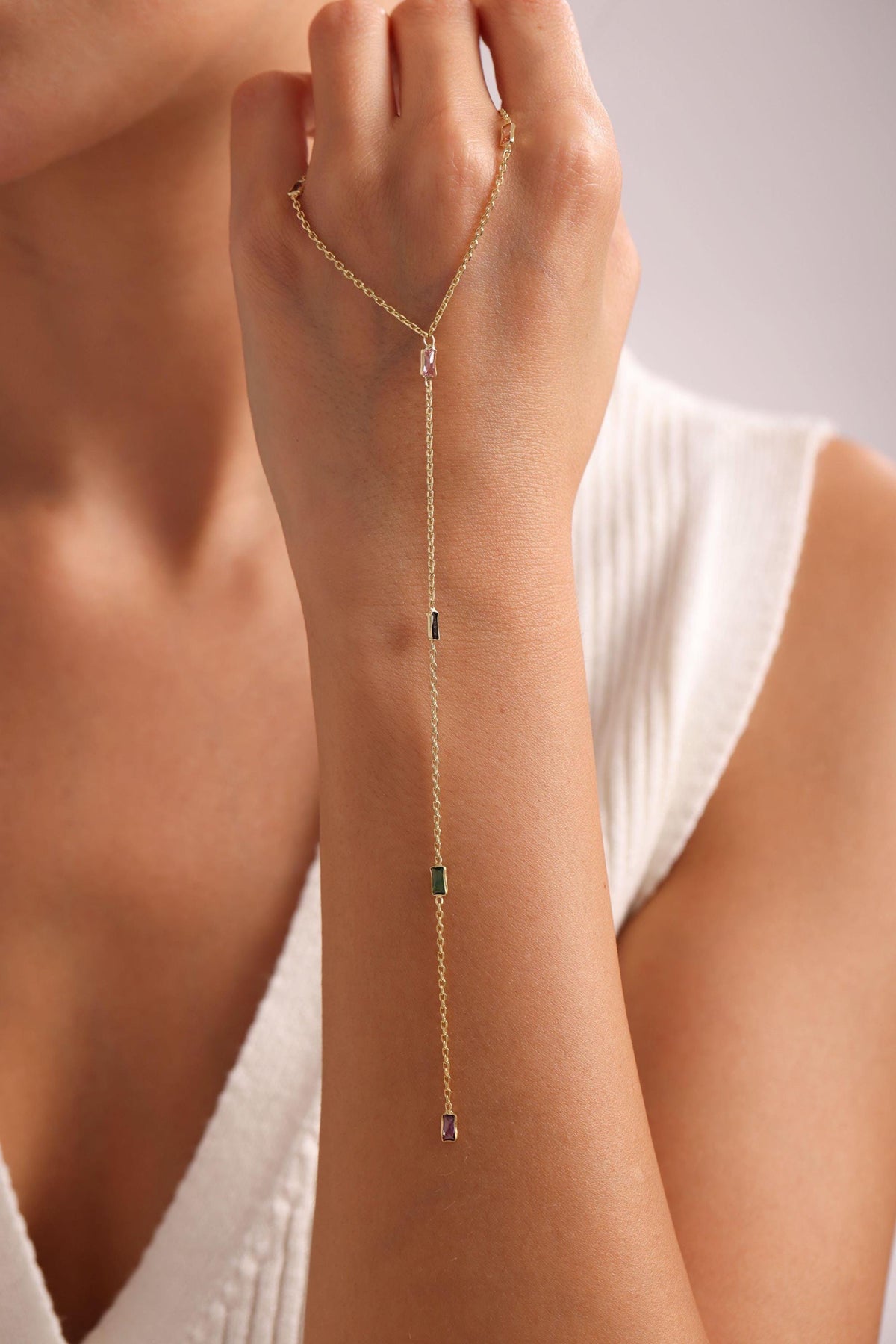 Gold Baguette Lariat Necklace | Dainty Y Necklace | Minimal Zircon Pendant Gift for Her