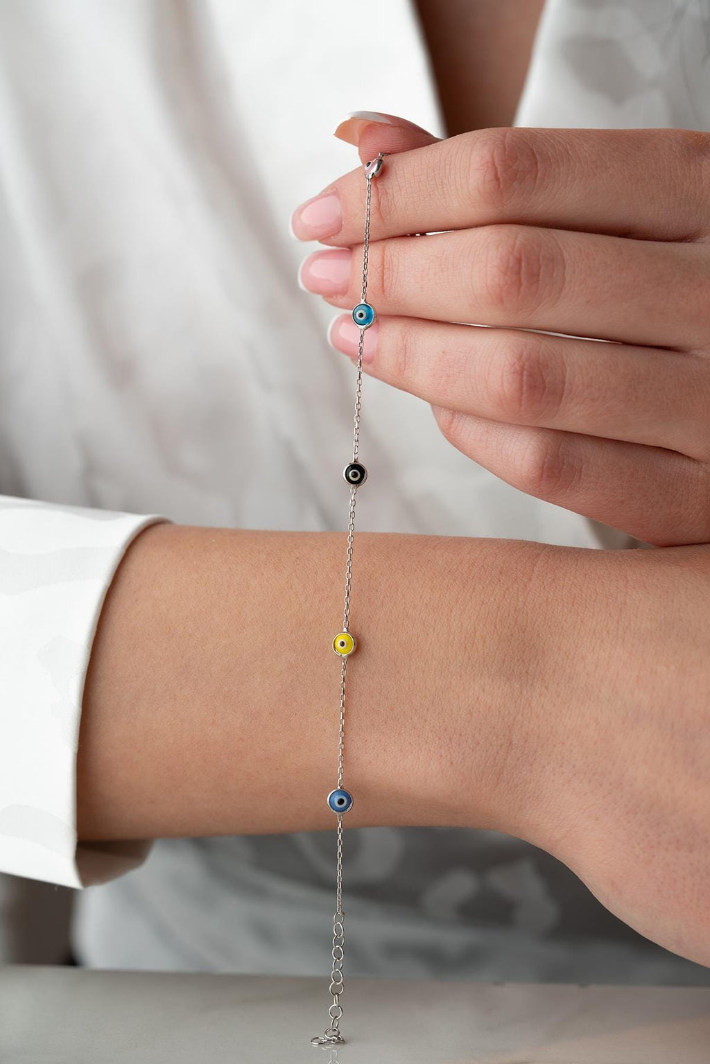 Sterling Silver Evil Eye Bracelet | Dainty Colorful Nazar Jewelry | Protection Gift for Her