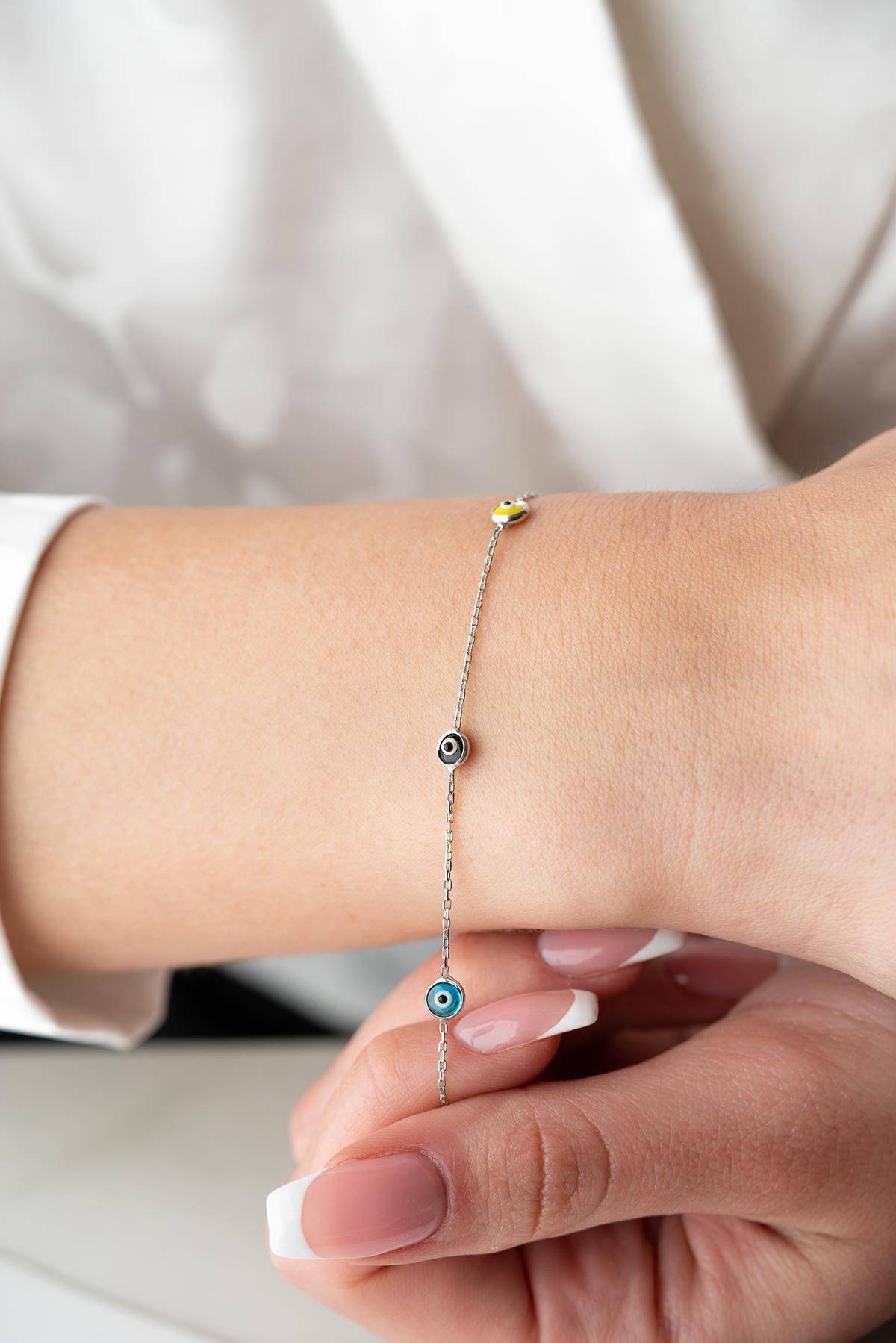 Sterling Silver Evil Eye Bracelet | Dainty Colorful Nazar Jewelry | Protection Gift for Her