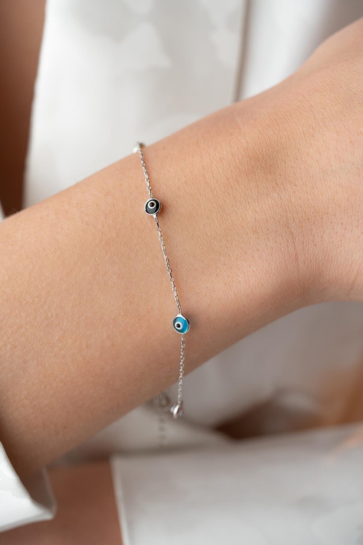 Sterling Silver Evil Eye Bracelet | Dainty Colorful Nazar Jewelry | Protection Gift for Her