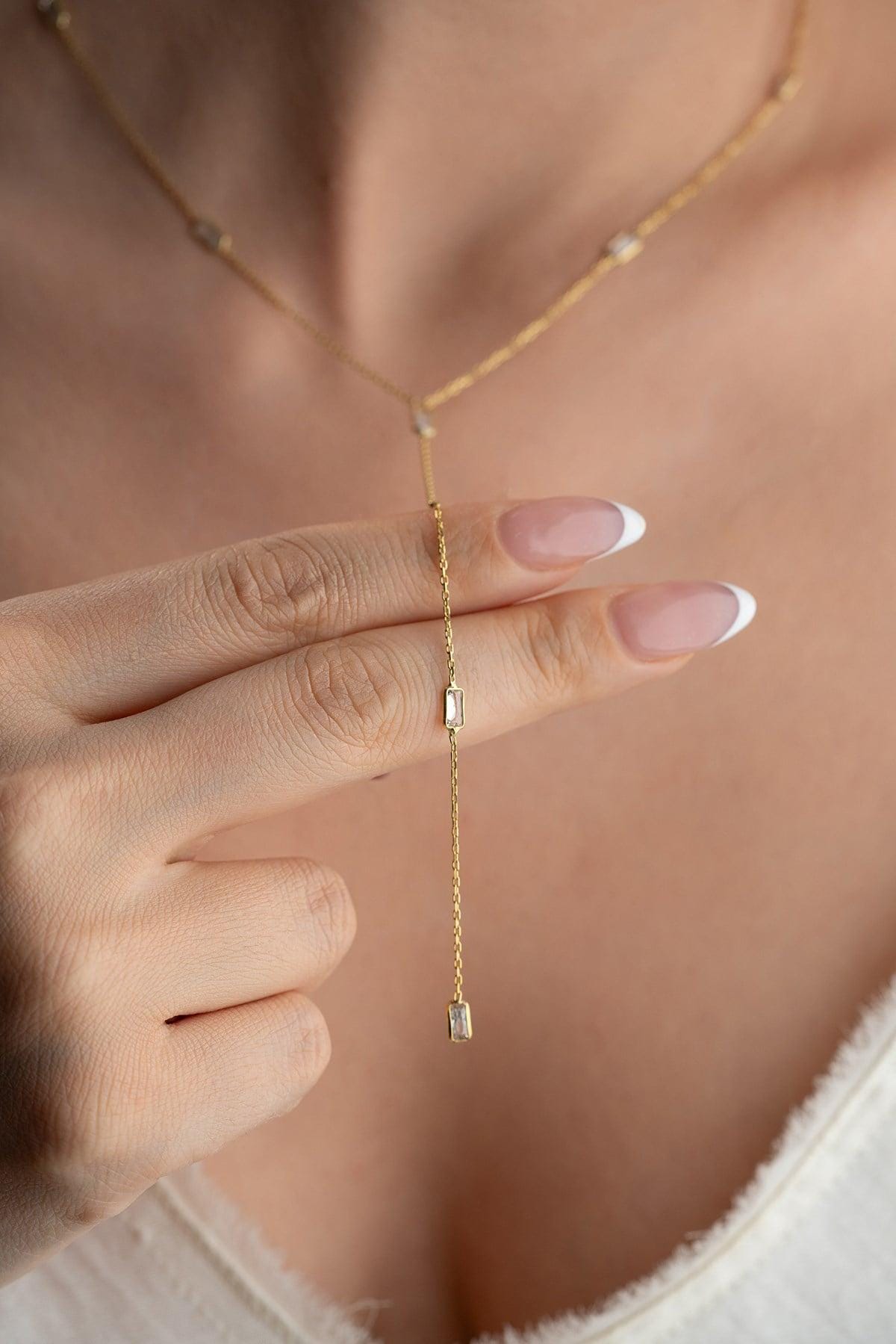 Gold Baguette Necklace | Sterling Silver Lariat Necklace | Minimal Dainty Jewelry