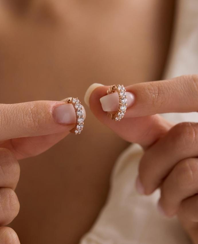Rose Gold Zircon Huggie Hoop Earrings | Dainty Pavé Hoops | Minimal Jewelry Gift