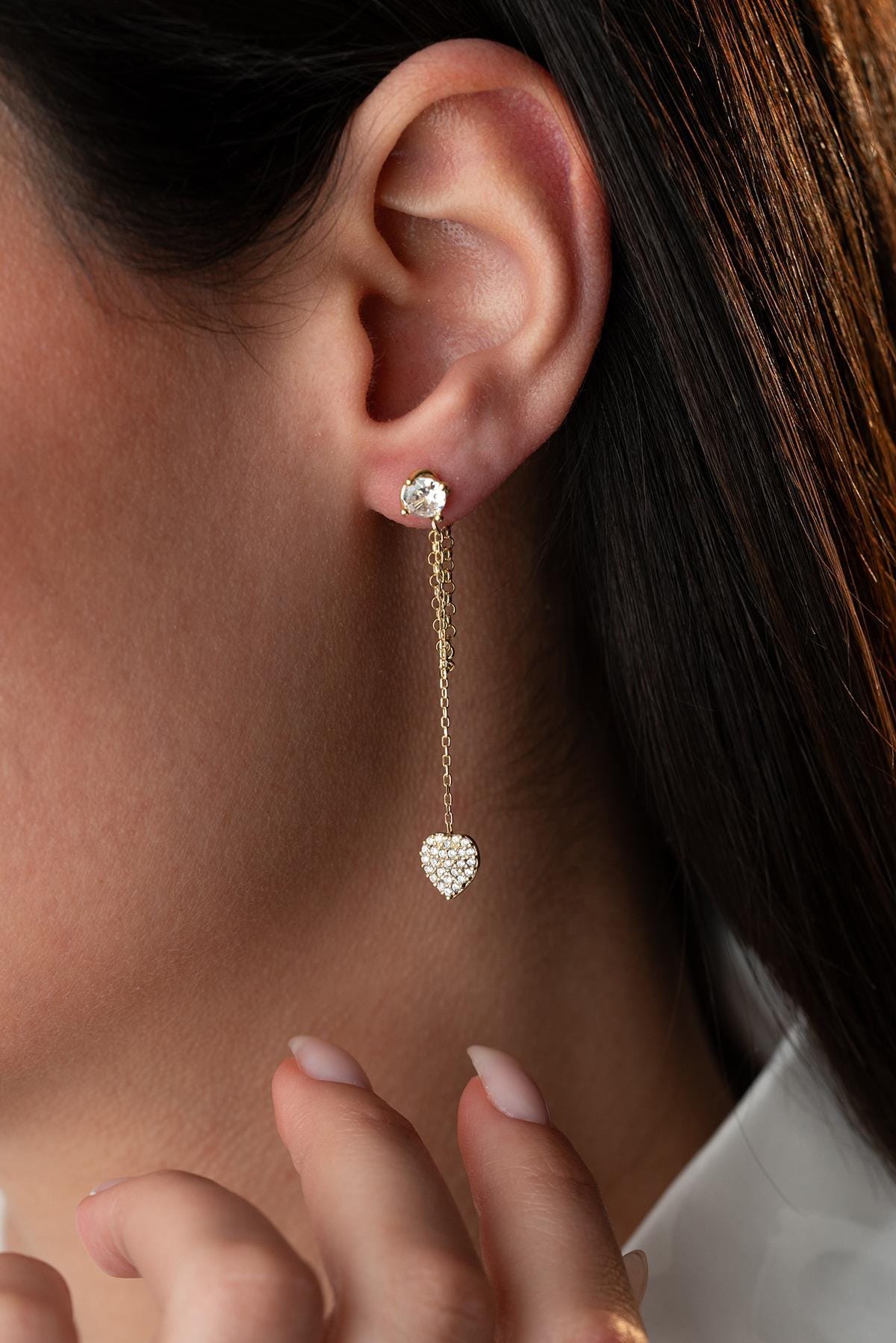 Sterling Silver Heart Dangle Earrings | Dainty Minimal Jewelry | Romantic Gift | 14K Gold Plated
