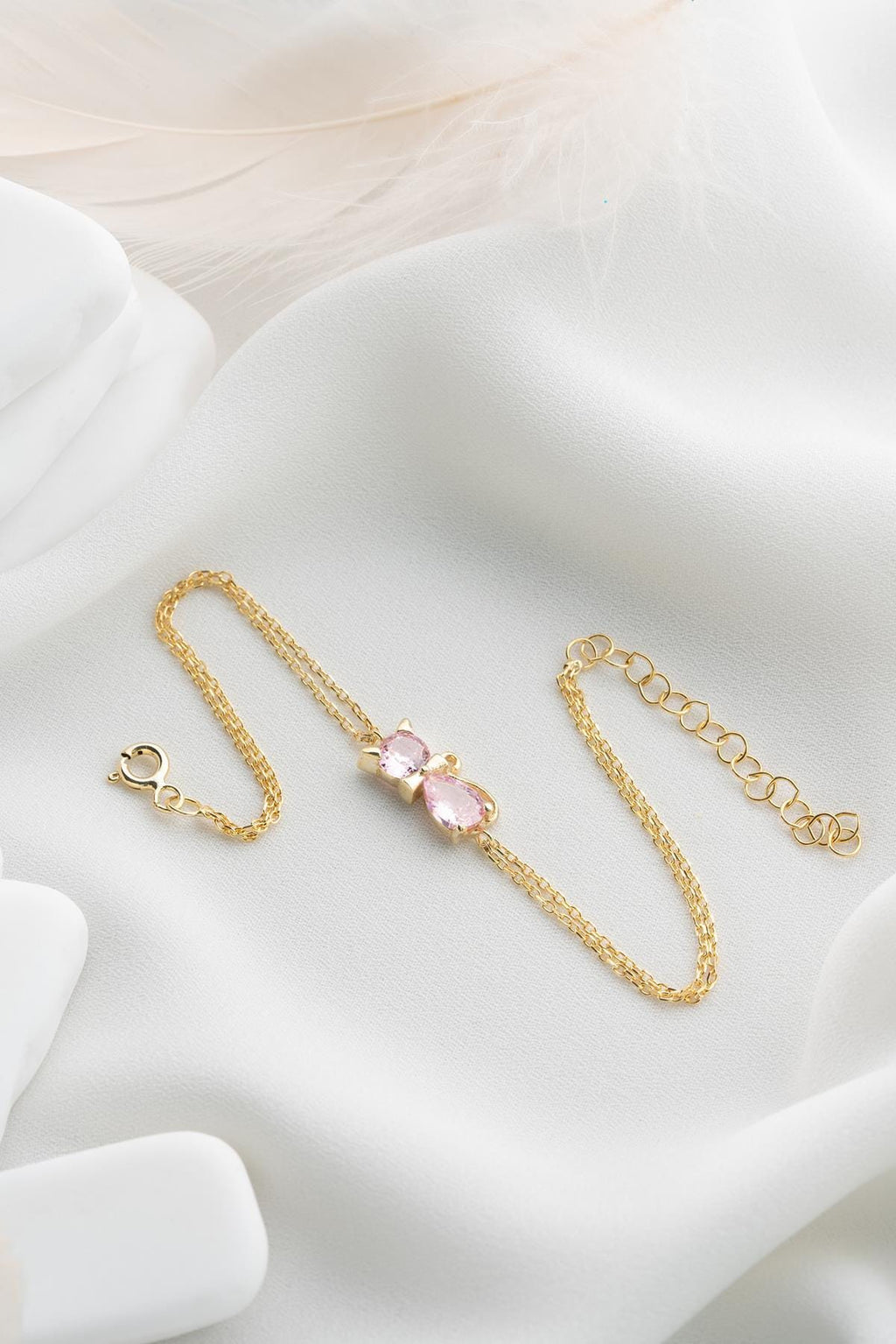 Cat Bracelet Sterling Silver | Dainty Gold Jewelry | Pink Zircon Cat Gift for Her