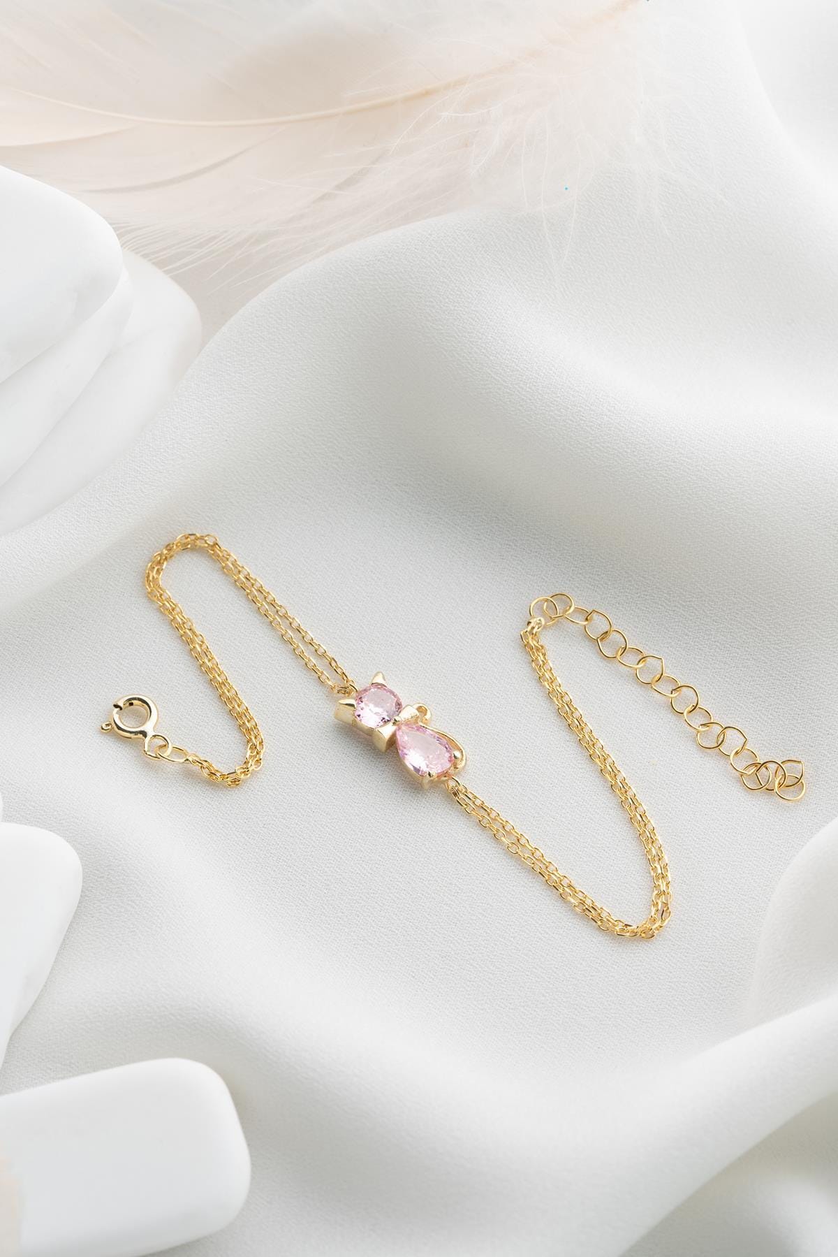 Cat Bracelet Sterling Silver | Dainty Gold Jewelry | Pink Zircon Cat Gift for Her