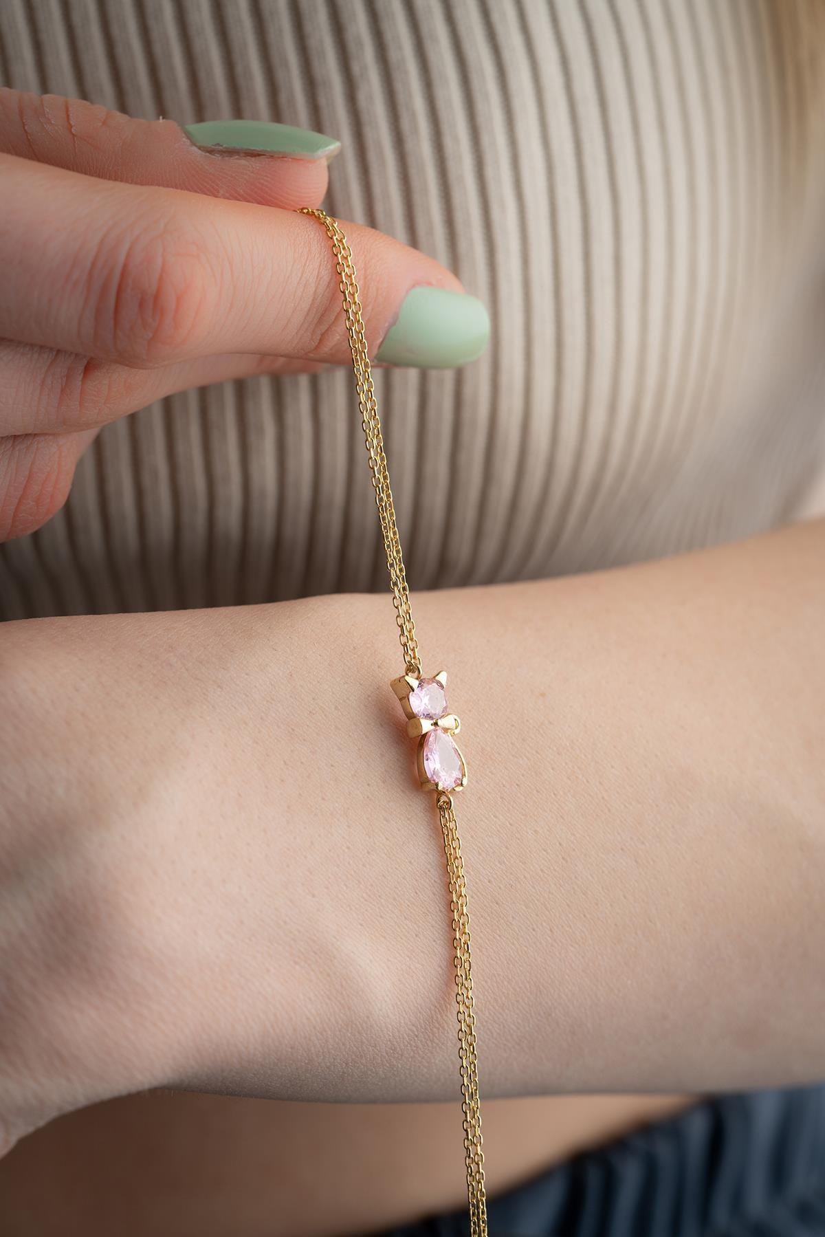 Cat Bracelet Sterling Silver | Dainty Gold Jewelry | Pink Zircon Cat Gift for Her