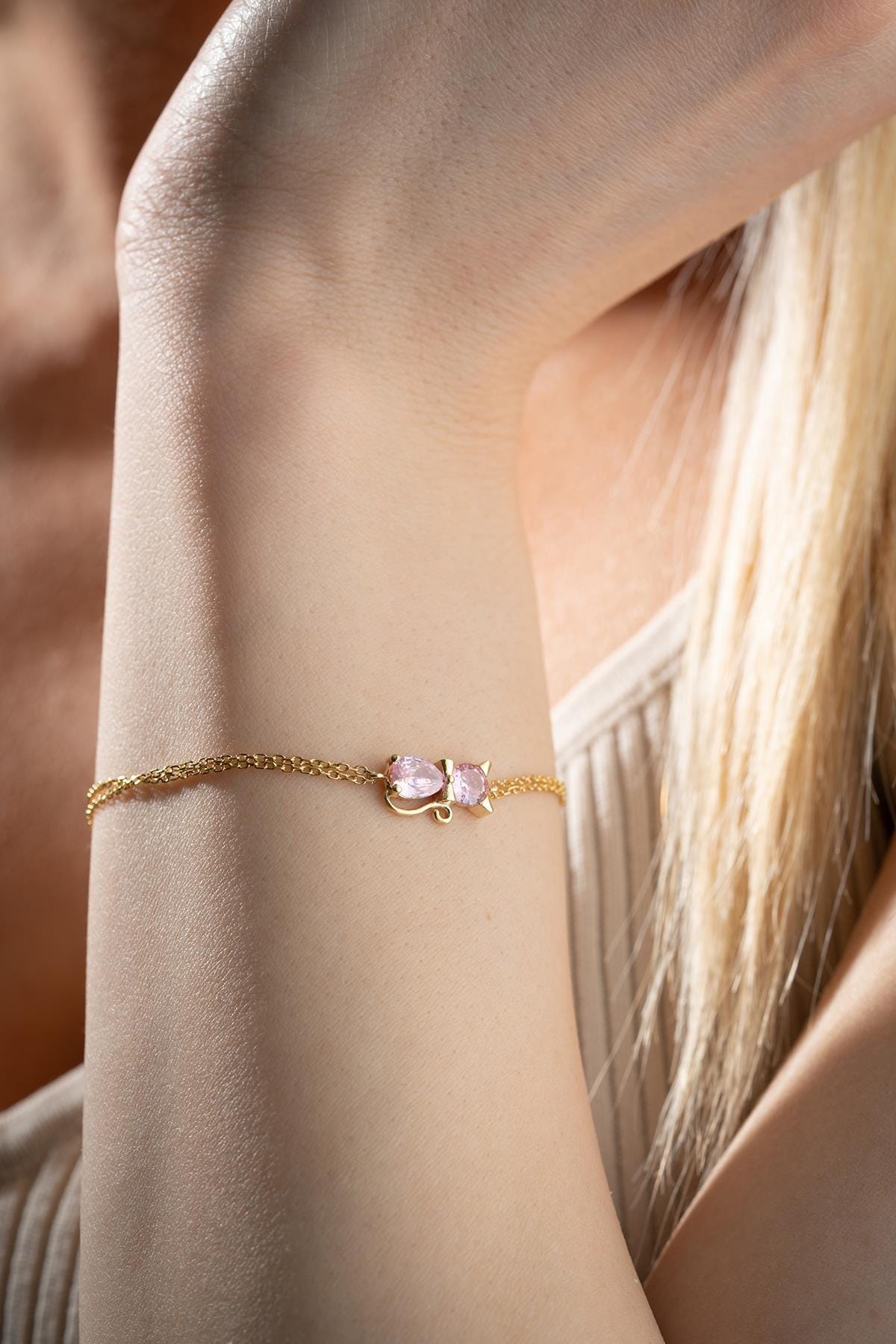Cat Bracelet Sterling Silver | Dainty Gold Jewelry | Pink Zircon Cat Gift for Her