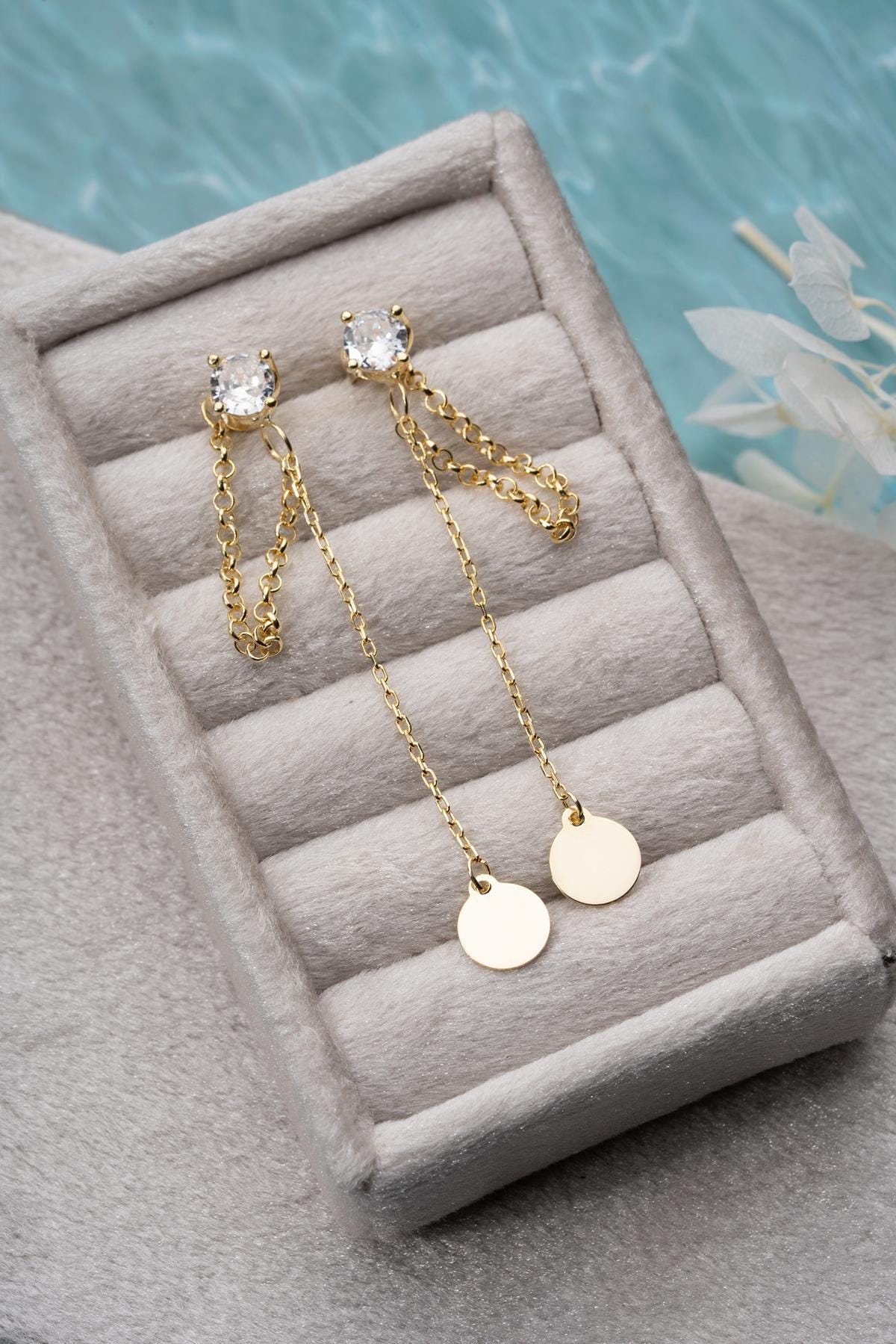 Gold plated Drop Earrings | Sterling Silver Chain Earrings | Dainty Zircon Dangle Jewelry.