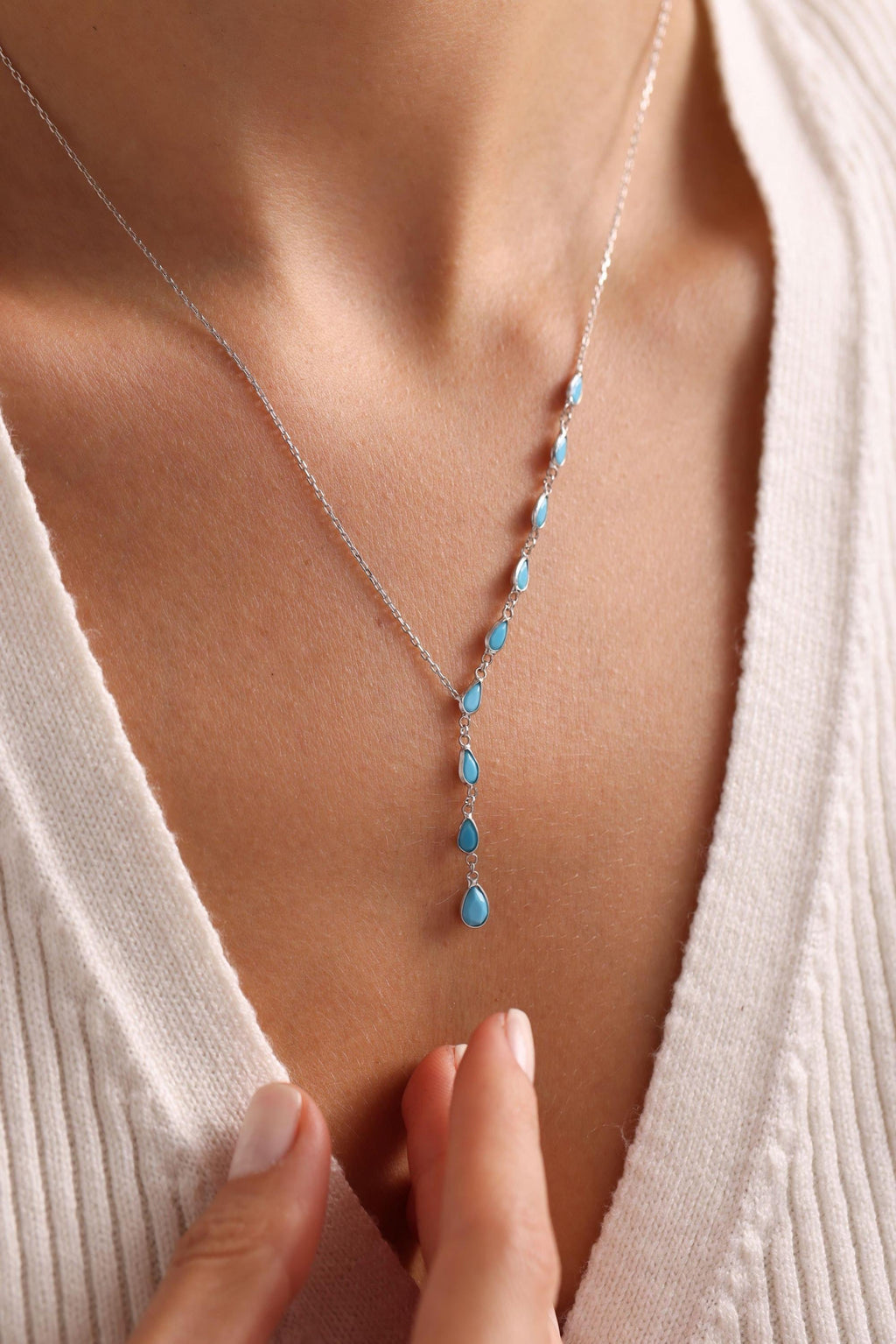 Turquoise Y Necklace Sterling Silver | Dainty Drop Necklace | Minimal Lariat Jewelry Gift