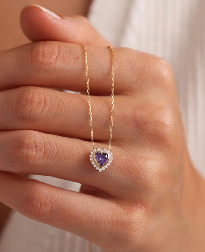 Purple Heart Necklace Sterling Silver | Dainty Gold Jewelry | Romantic Zircon Gift for Her