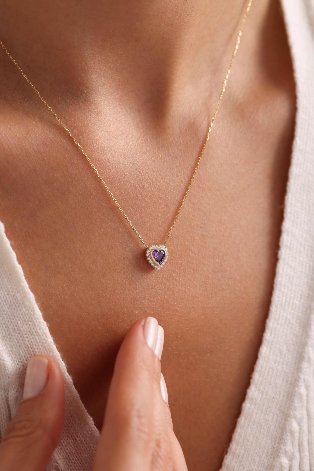 Purple Heart Necklace Sterling Silver | Dainty Gold Jewelry | Romantic Zircon Gift for Her