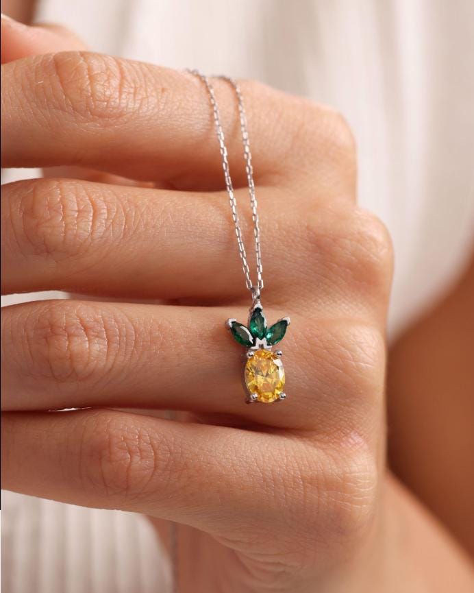 Pineapple Necklace Sterling Silver | Citrine Zircon Pendant | Dainty Summer Jewelry Gift for Her