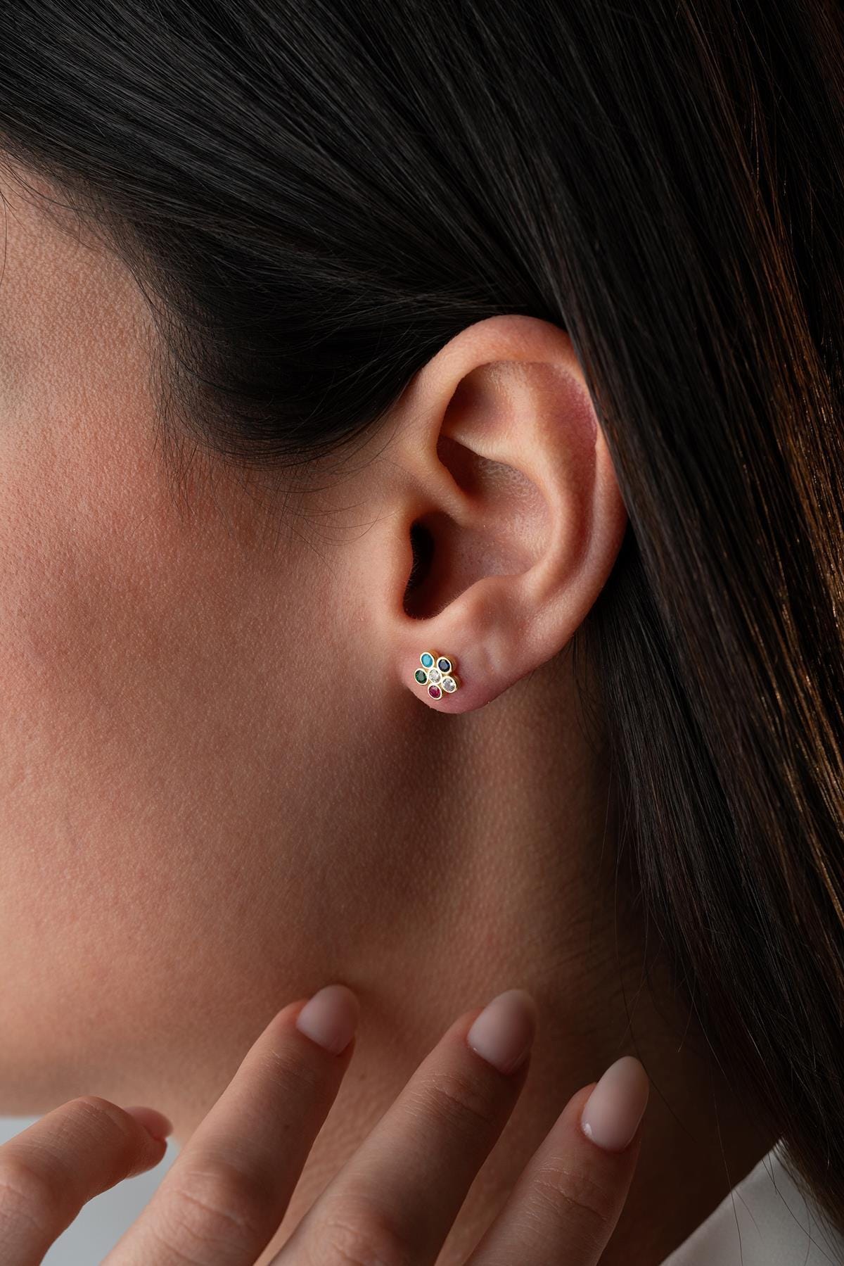 Flower Stud Earrings | Dainty Colorful Zircon Jewelry | Minimal Sterling Silver Gift for Her