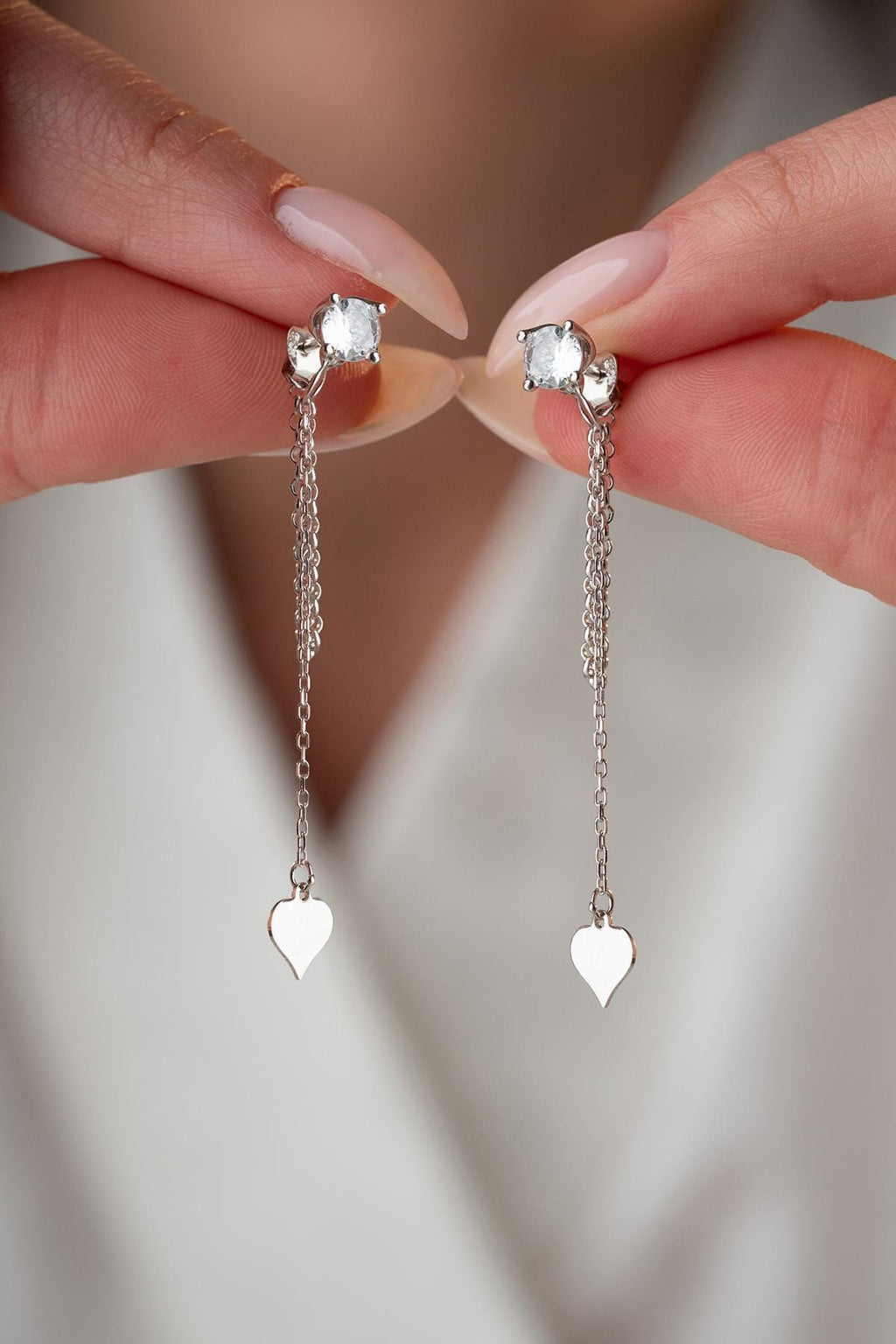 Silver Heart Chain Drop Earrings | Dainty Zircon Dangle | Minimal Sterling Silver Jewelry Gift