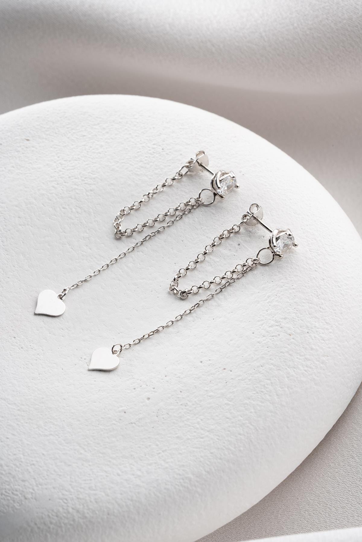 Silver Heart Chain Drop Earrings | Dainty Zircon Dangle | Minimal Sterling Silver Jewelry Gift