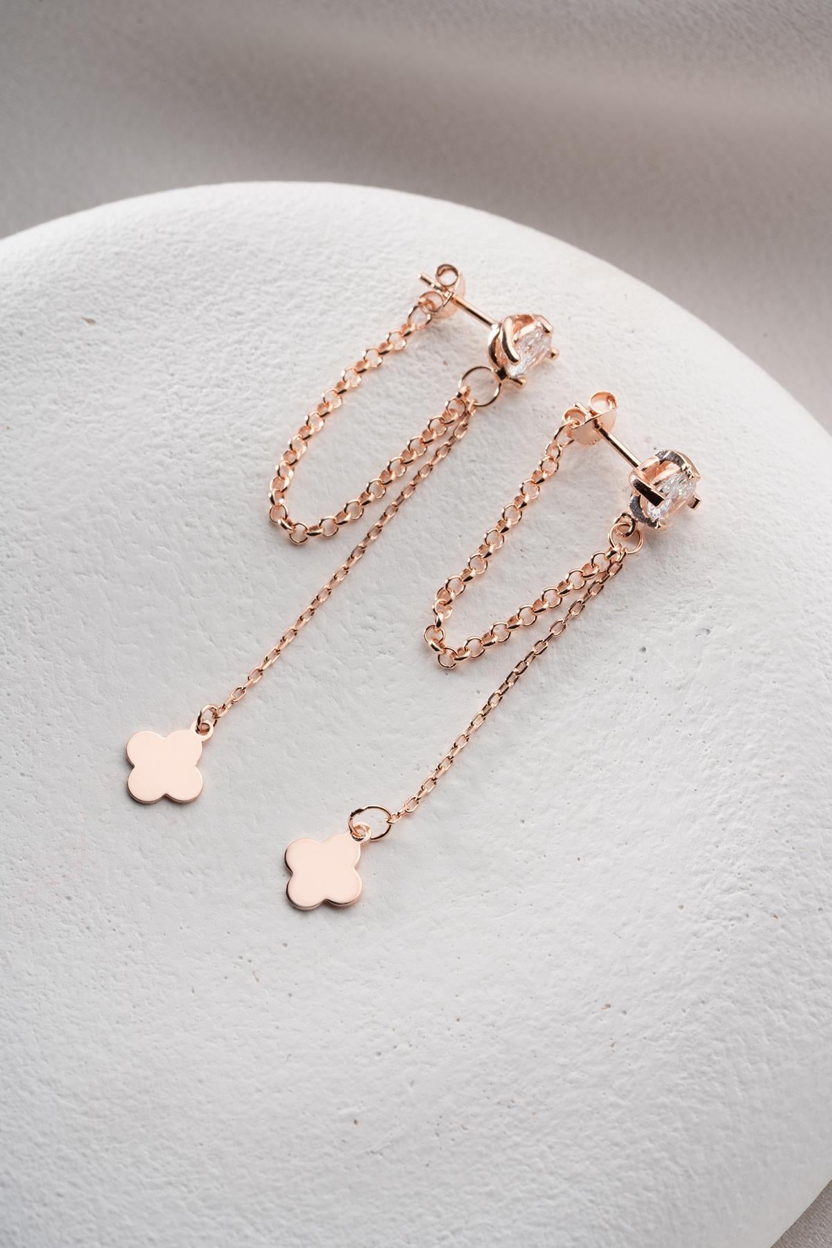 Rose Gold Clover Chain Drop Earrings | Dainty Zircon Dangle | Minimal Sterling Silver Jewelry Gift