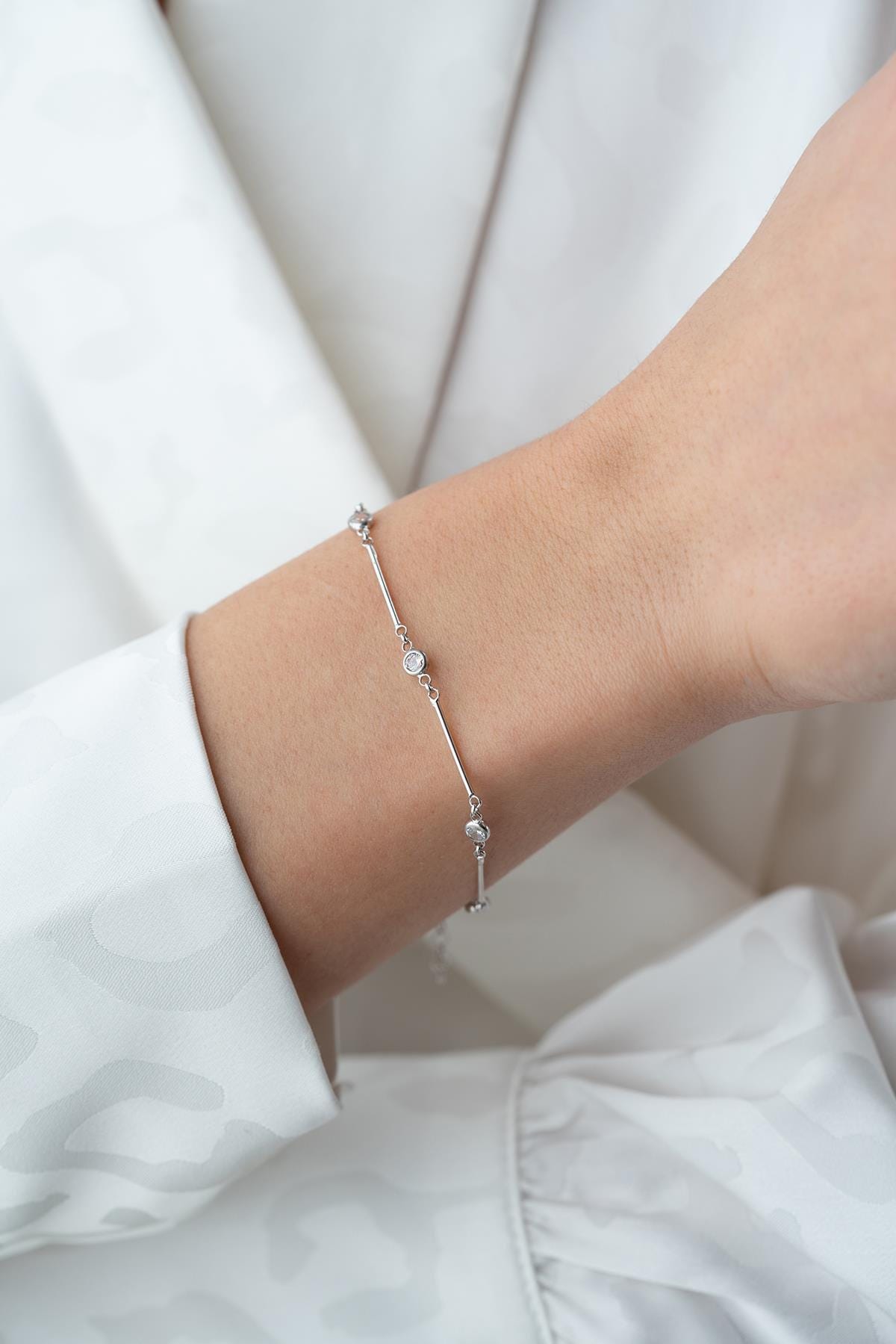 Sterling Silver Bar Bracelet | Dainty Zircon Chain Bracelet | Minimal Gift for Her
