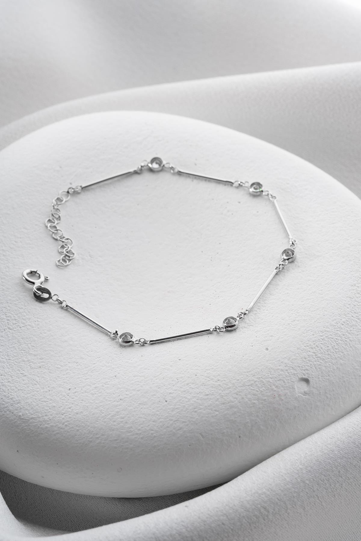 Sterling Silver Bar Bracelet | Dainty Zircon Chain Bracelet | Minimal Gift for Her