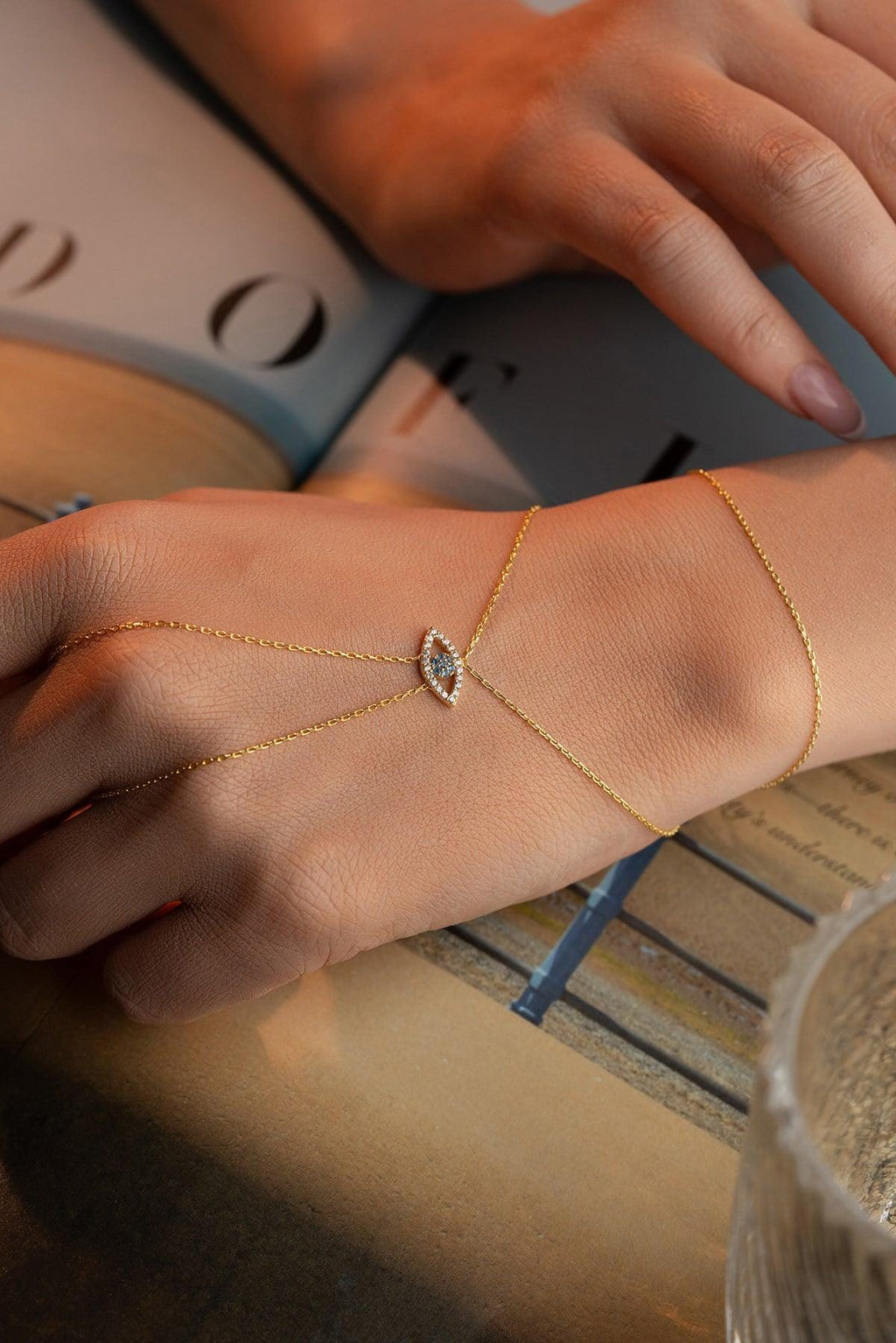 925 Sterling Silver, Evil Eye Hand Chain, Gold Plated Protection Jewelry