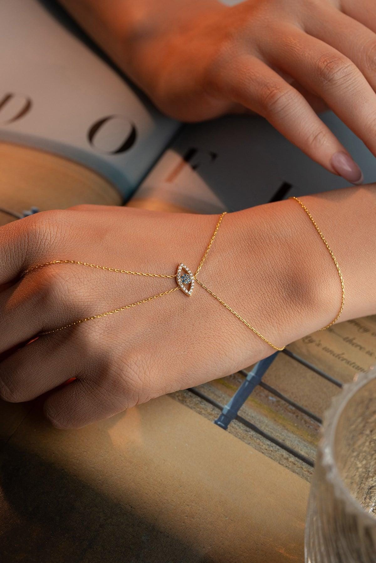 925 Sterling Silver, Evil Eye Hand Chain, Gold Plated Protection Jewelry
