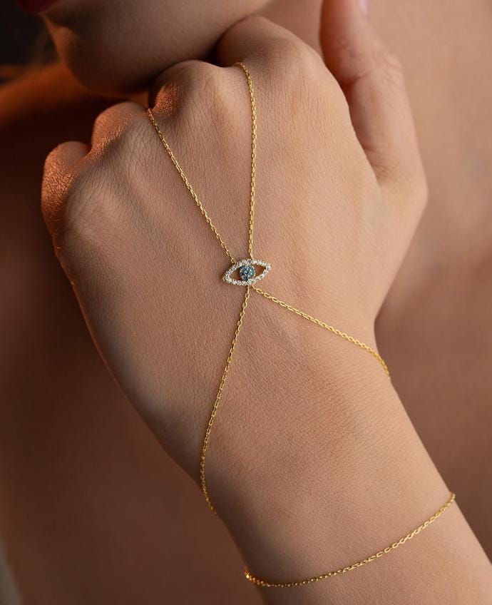 925 Sterling Silver, Evil Eye Hand Chain, Gold Plated Protection Jewelry