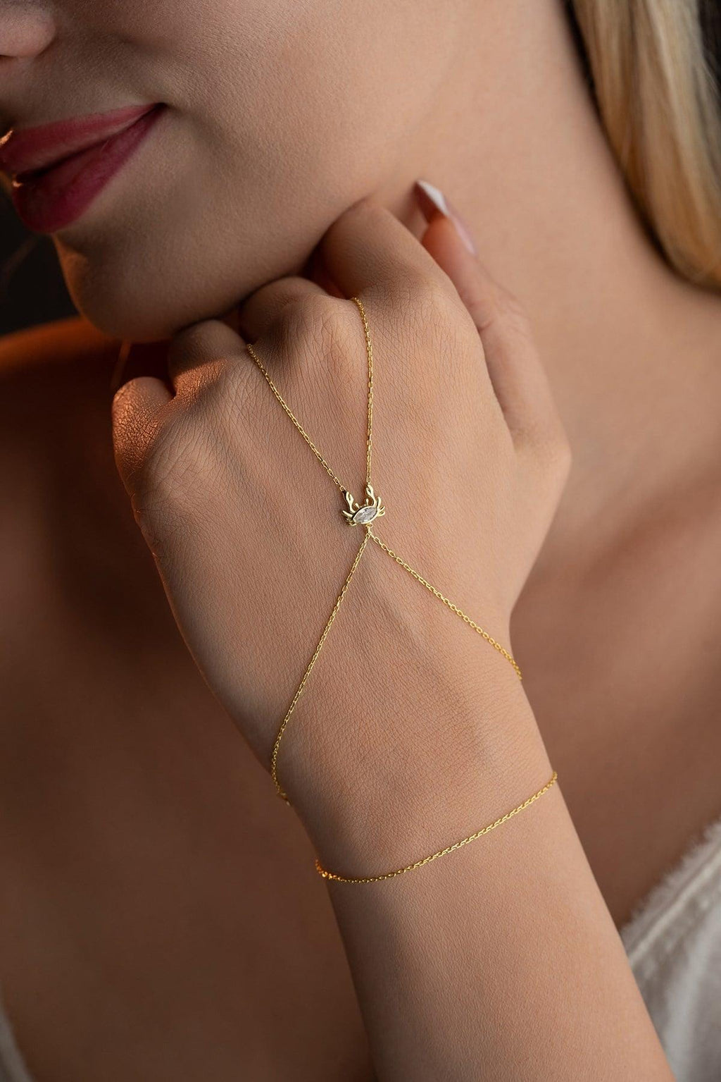 Gold Plated Crab Hand Chain | Sterling Silver Zodiac Bracelet | Dainty Summer Jewelry Gift