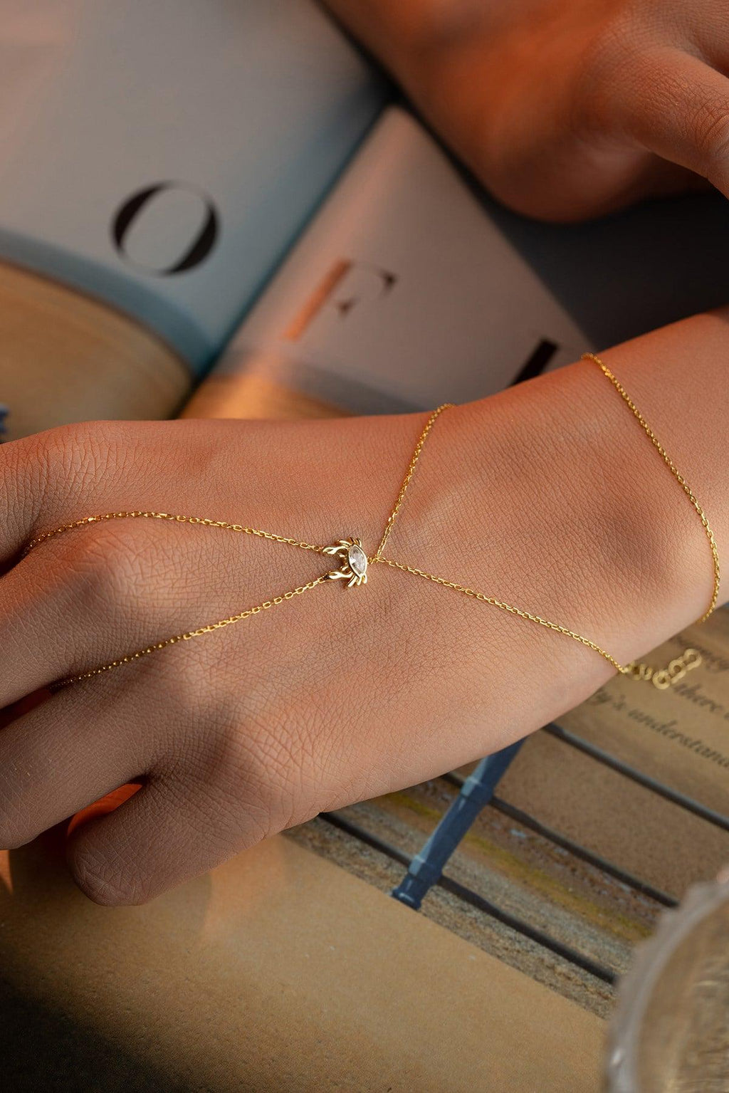 Gold Plated Crab Hand Chain | Sterling Silver Zodiac Bracelet | Dainty Summer Jewelry Gift