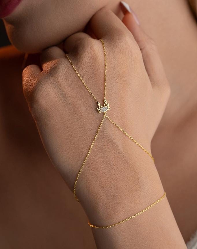 Gold Plated Crab Hand Chain | Sterling Silver Zodiac Bracelet | Dainty Summer Jewelry Gift