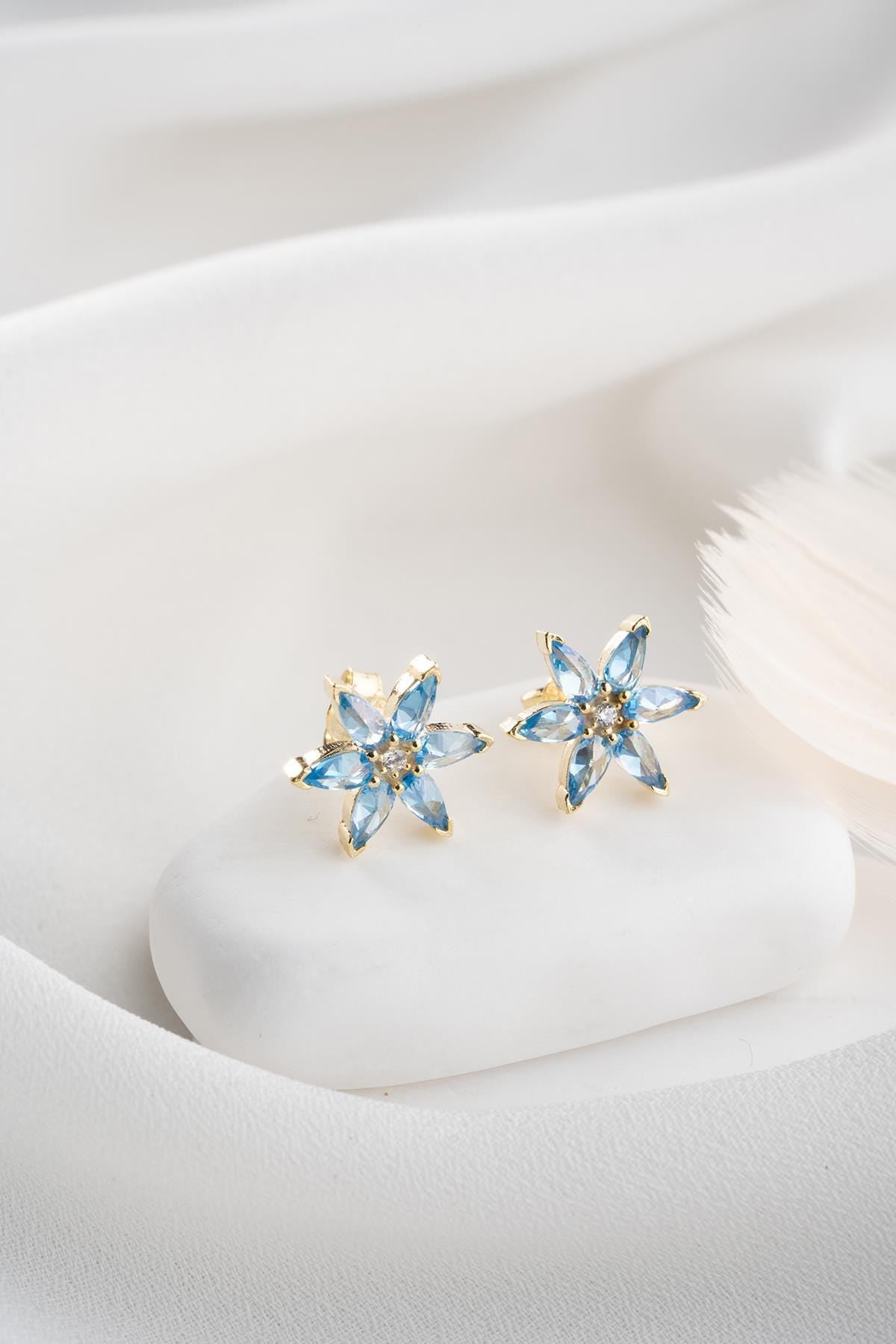 Lotus Flower Earrings Gold | Blue Zircon Stud Earrings | Minimal Gift for Her