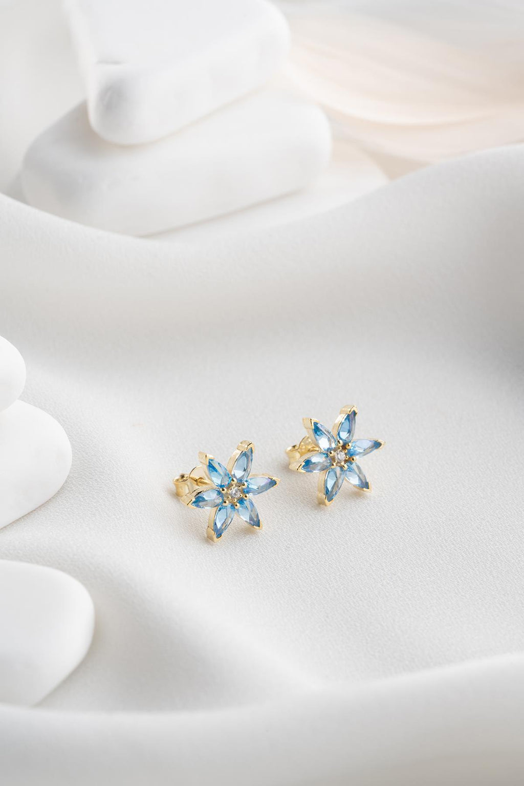 Lotus Flower Earrings Gold | Blue Zircon Stud Earrings | Minimal Gift for Her