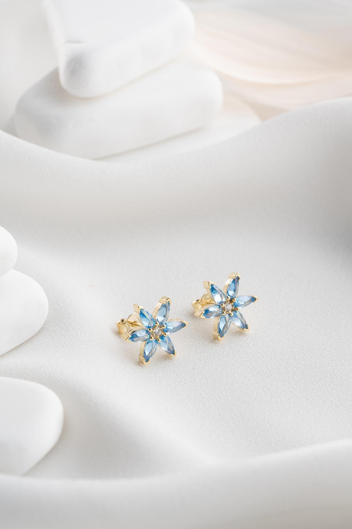 Lotus Flower Earrings Gold | Blue Zircon Stud Earrings | Minimal Gift for Her