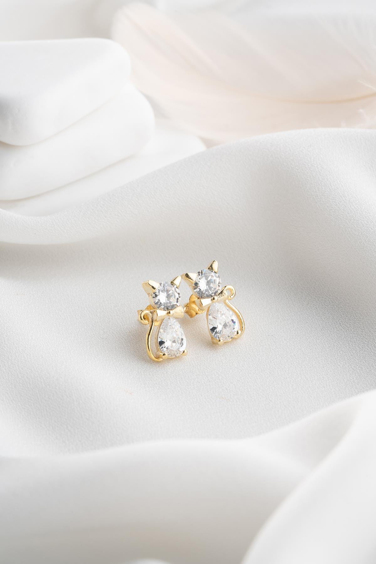 Gold Cat Stud Earrings | Zircon Gemstone, 14K Plated Sterling Silver, Minimal Animal Jewelry