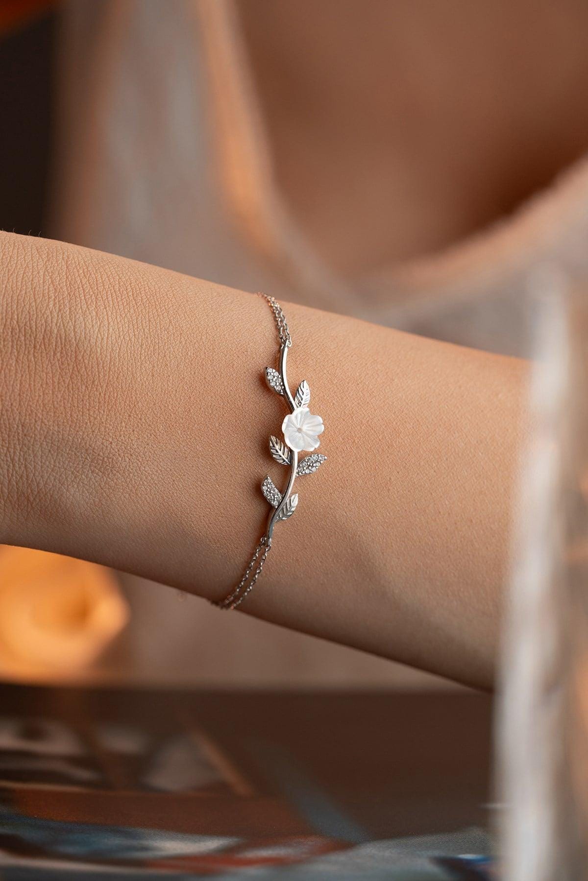 Sterling Silver Magnolia Bracelet | Zircon Floral Jewelry | Dainty Elegant Gift for Her