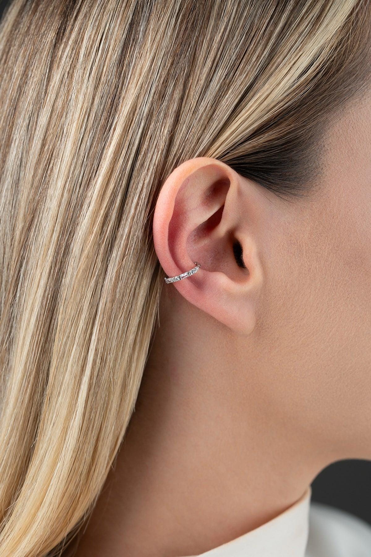 Sterling Silver Cartilage Earring | Baguette Zircon Ear Cuff | Minimal Dainty Jewelry