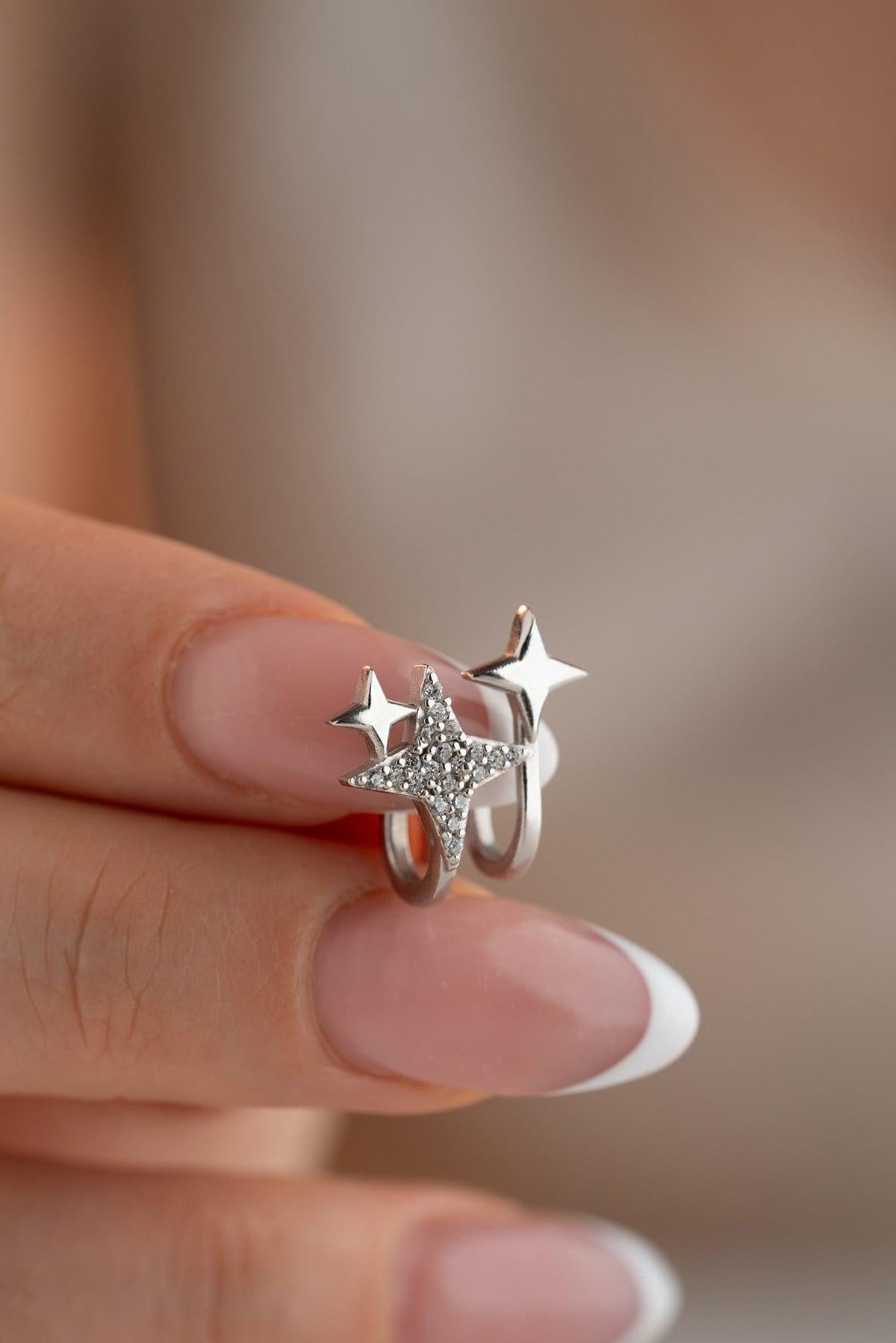 Sterling Silver Star Cartilage Earring | Triple Star Helix Stud | Dainty Celestial Jewelry