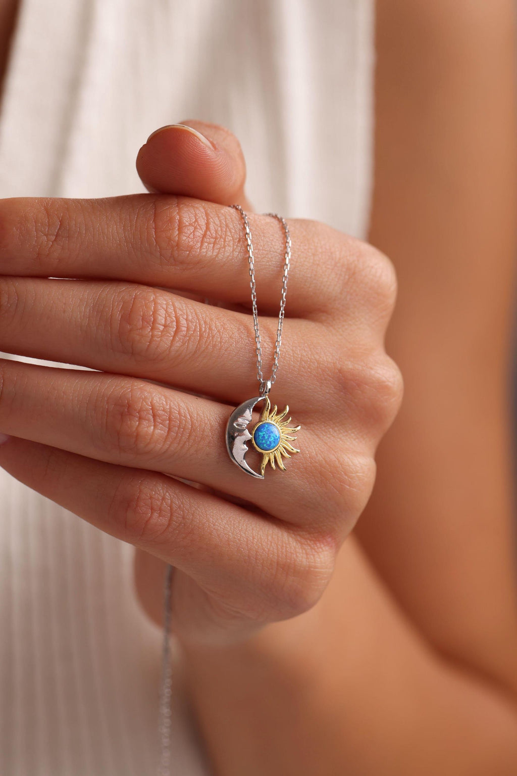 Sterling Silver Moon Sun Necklace | Blue Opal Pendant | Celestial Gift for Her