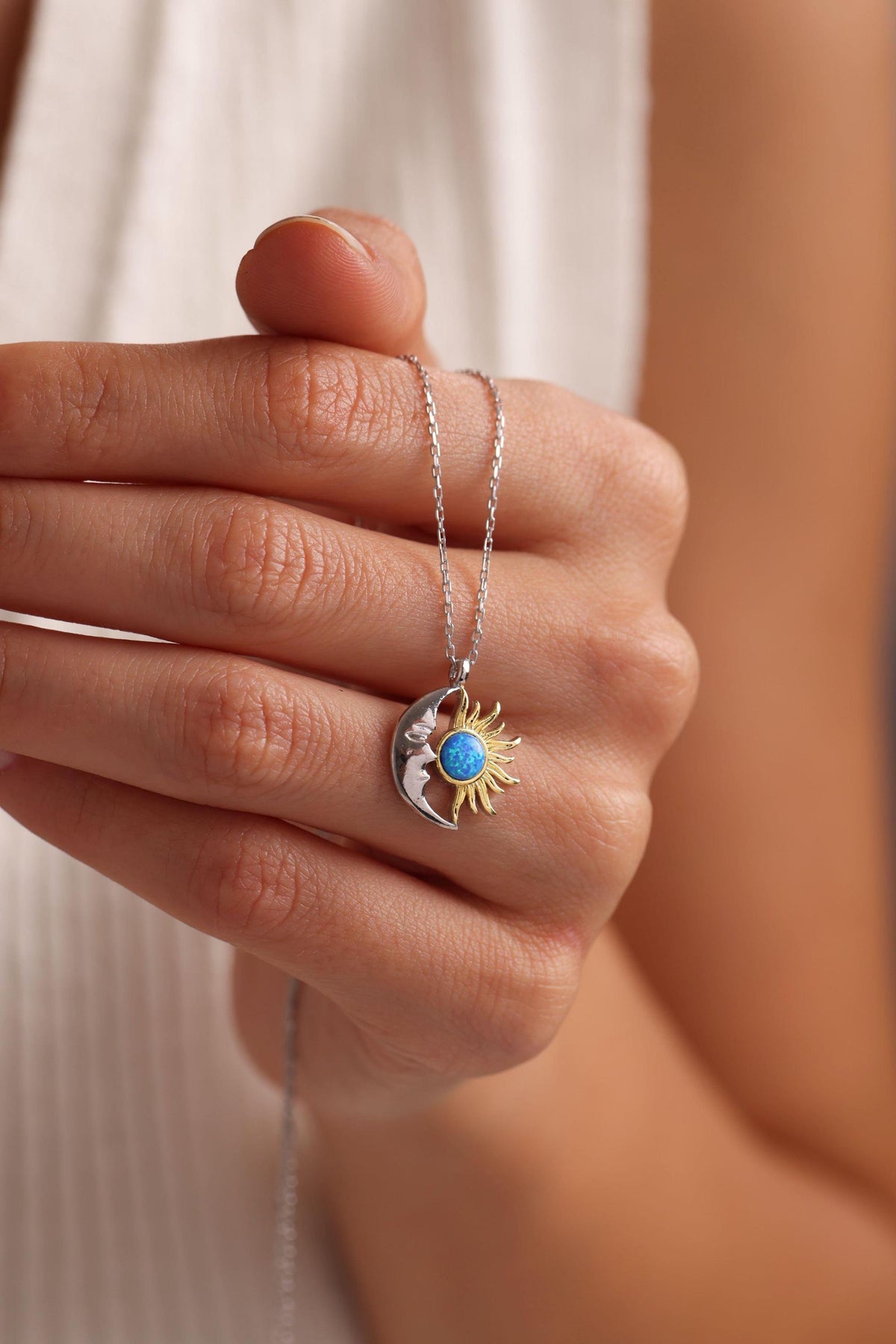 Sterling Silver Moon Sun Necklace | Blue Opal Pendant | Celestial Gift for Her