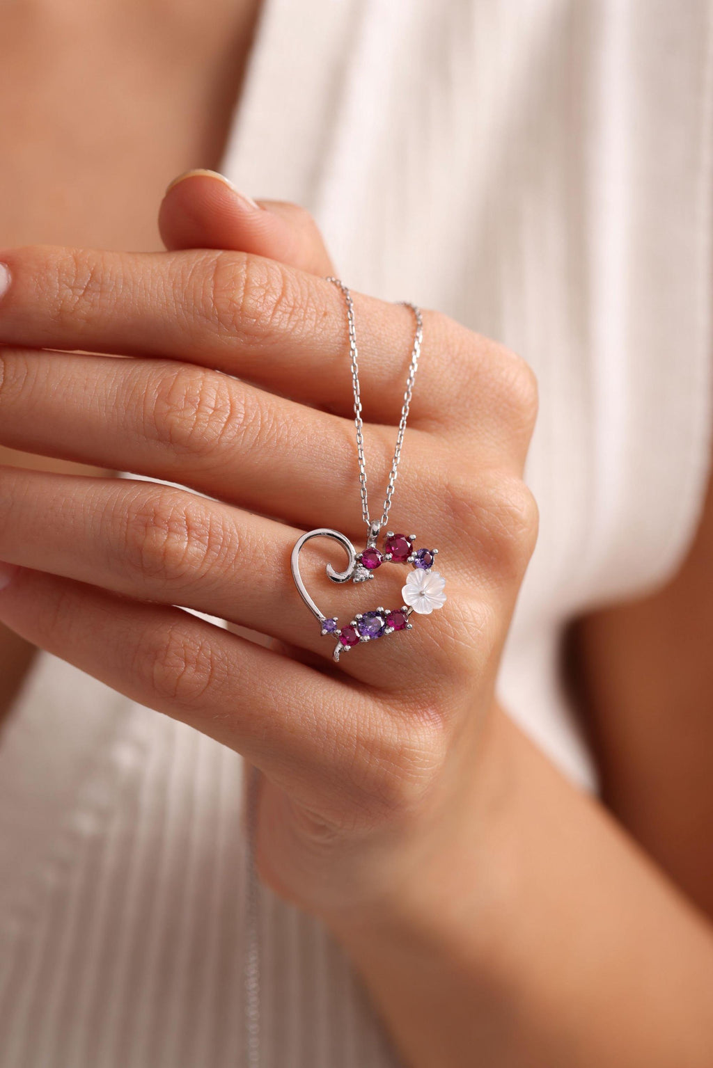Sterling Silver Magnolia Heart Necklace | Colorful Zircon Pendant | Gift for Her