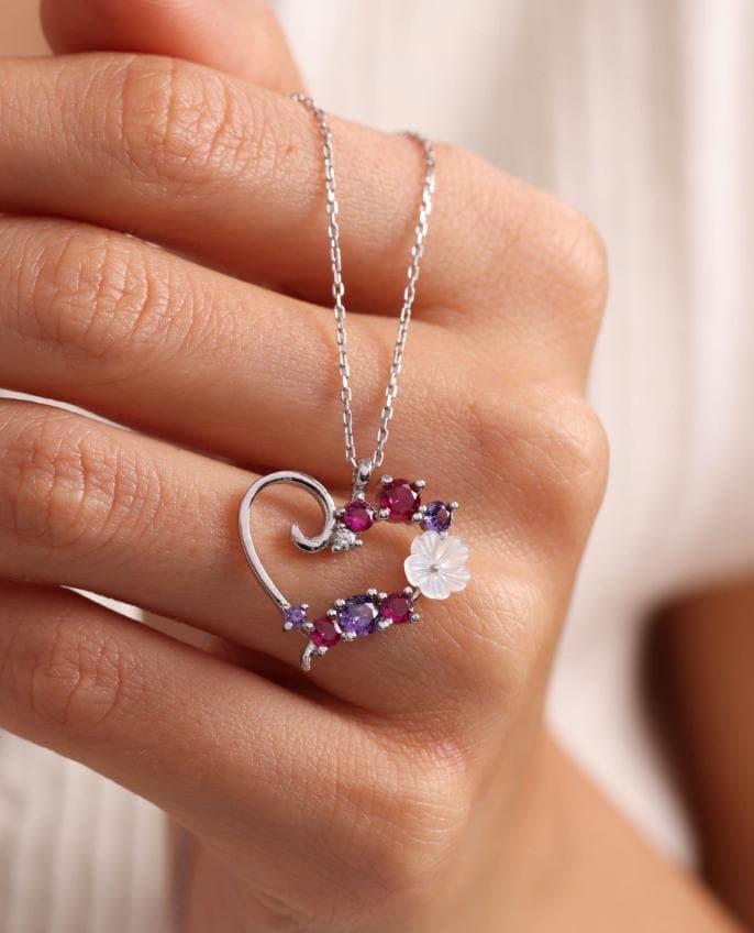 Sterling Silver Magnolia Heart Necklace | Colorful Zircon Pendant | Gift for Her