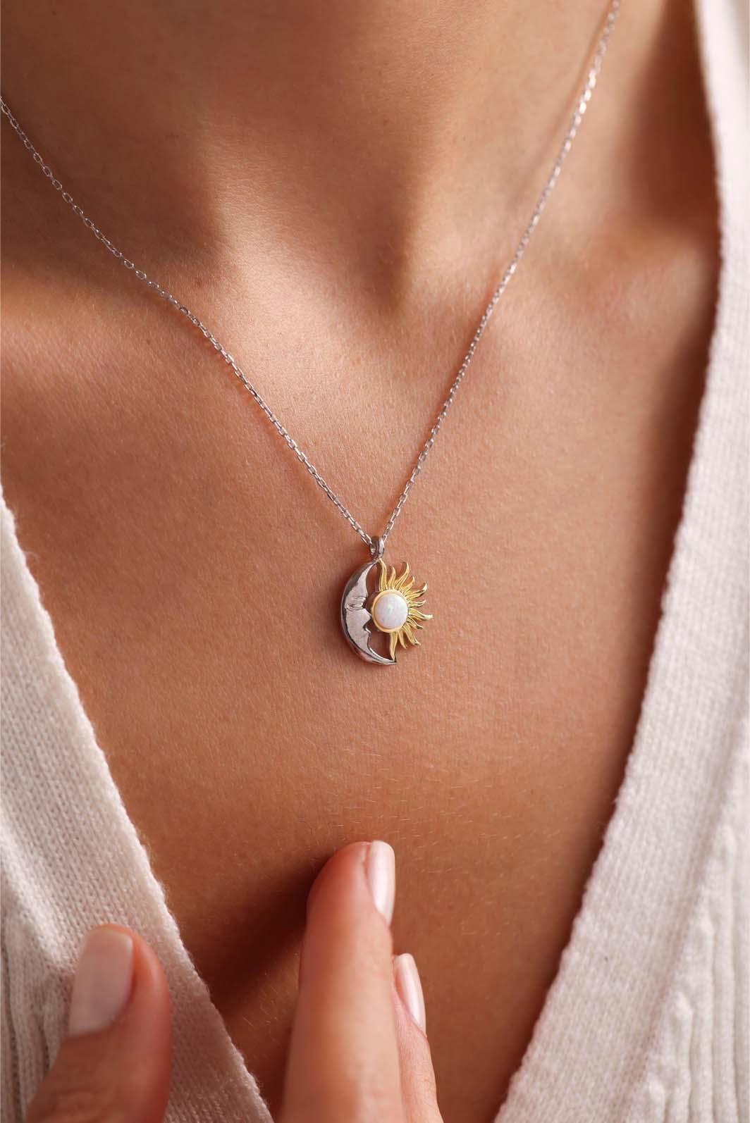 Sterling Silver Moon Sun Necklace | White Opal Pendant | Celestial Gift for Her