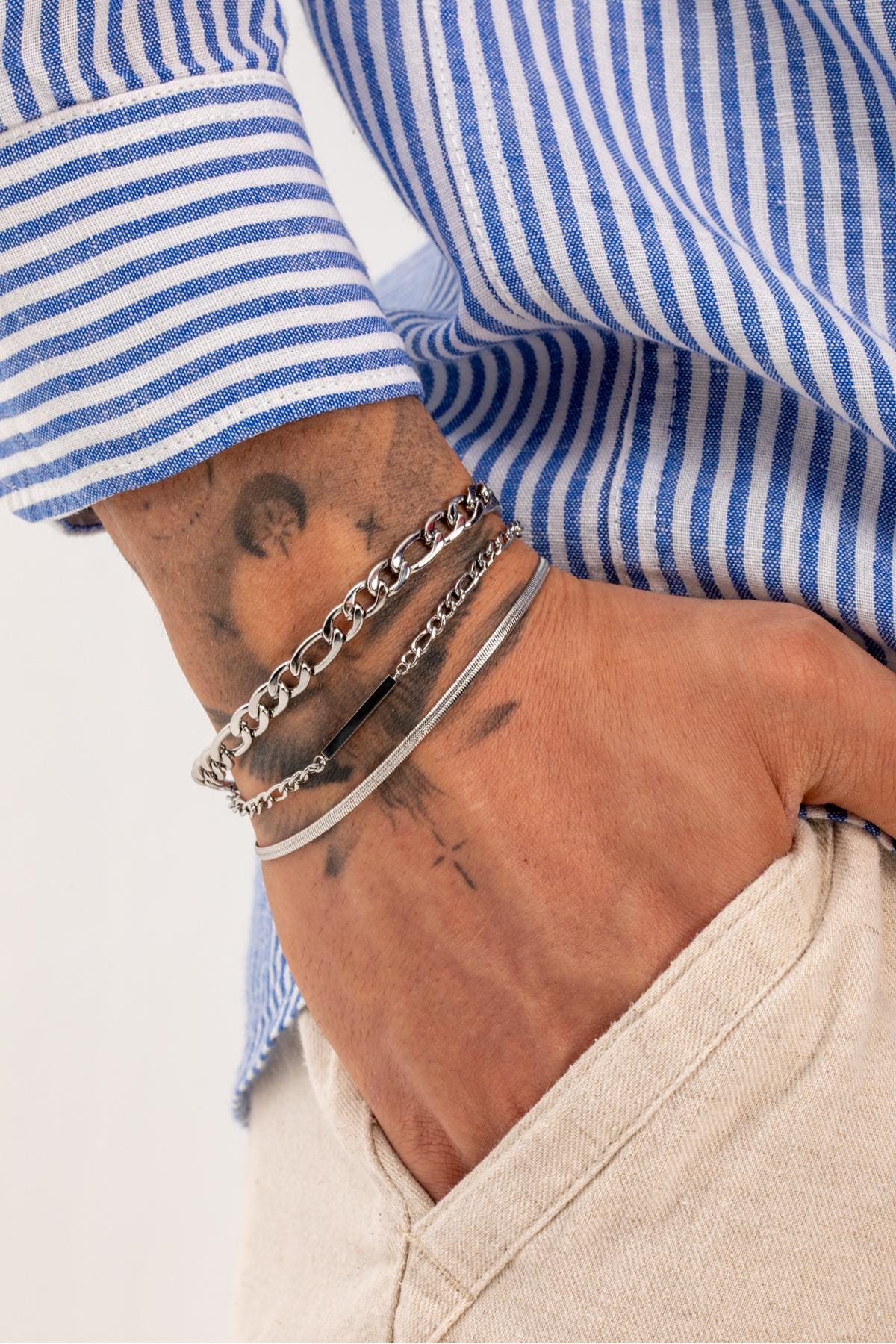 Mens Layered Bracelet Set Silver | Cuban Figaro Snake Chain Stainless Steel Gift