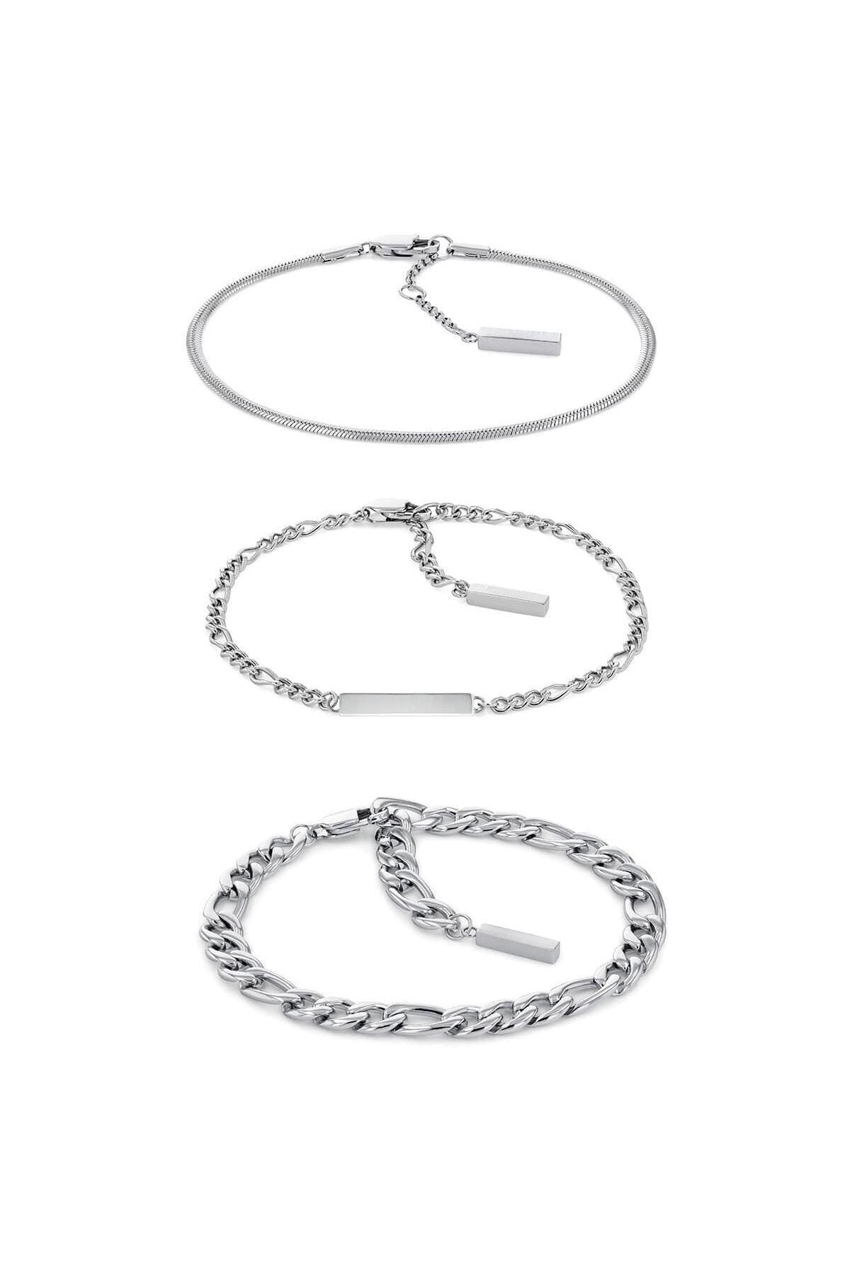 Mens Layered Bracelet Set Silver | Cuban Figaro Snake Chain Stainless Steel Gift