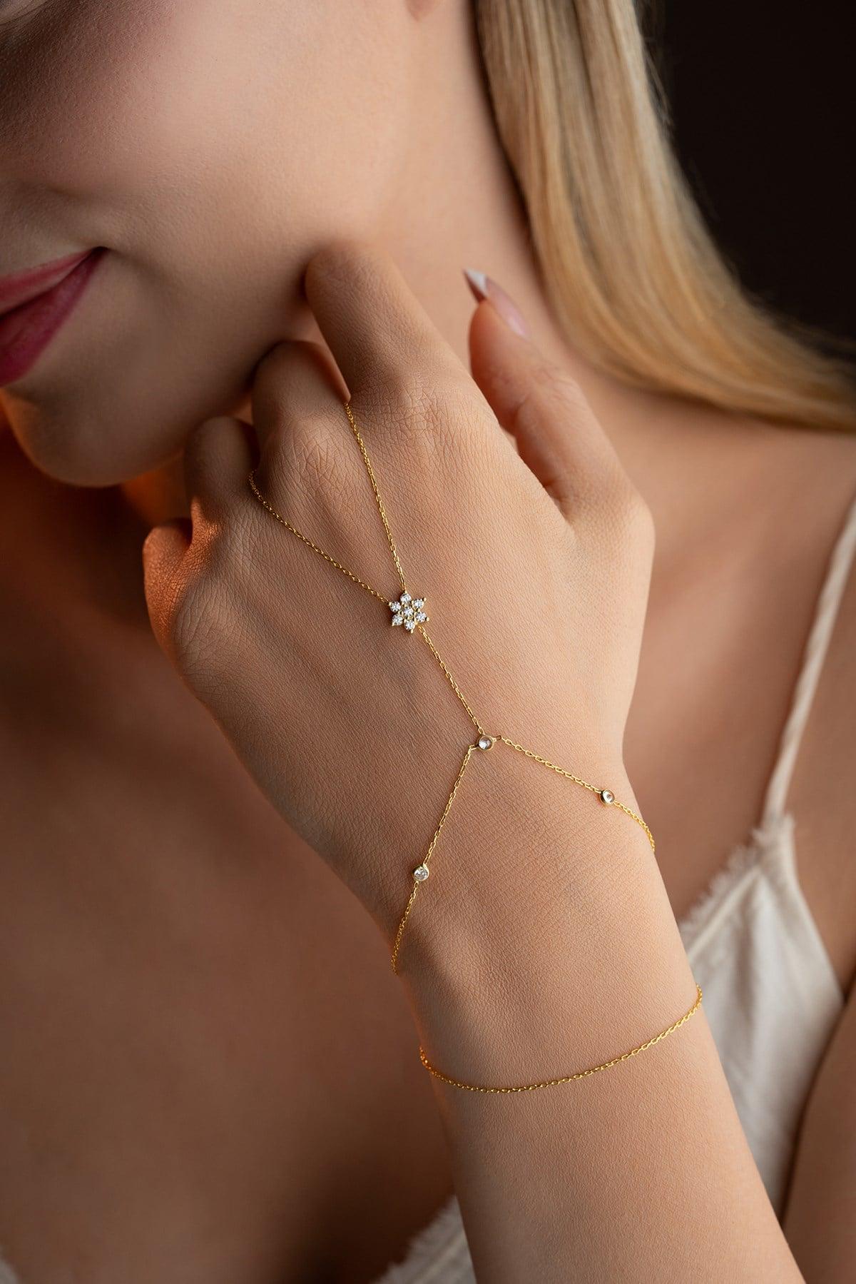 Gold Plated Flower Shahmaran Bracelet | Sterling Silver Zircon Hand Chain Gift for Her