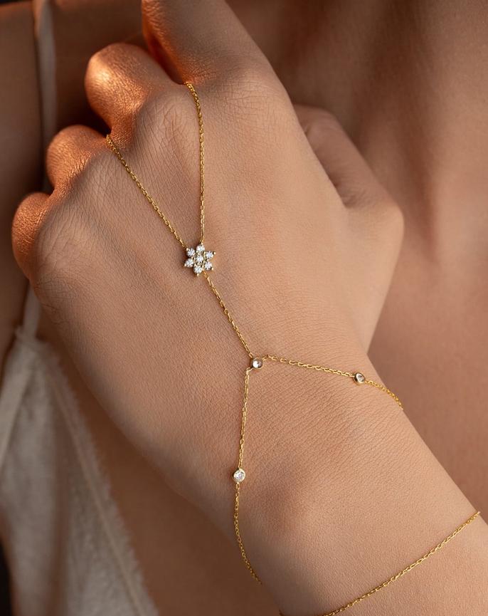 Gold Plated Flower Shahmaran Bracelet | Sterling Silver Zircon Hand Chain Gift for Her