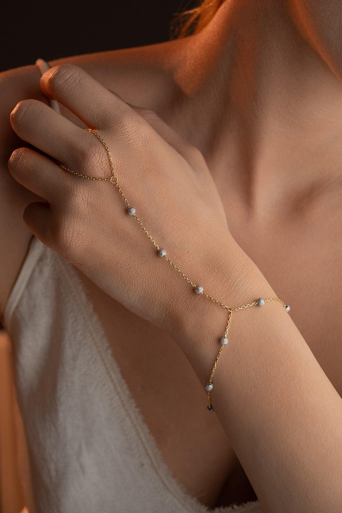 Gold Plated Dorika Shahmaran Bracelet | Sterling Silver Beaded Hand Chain Gift for Her
