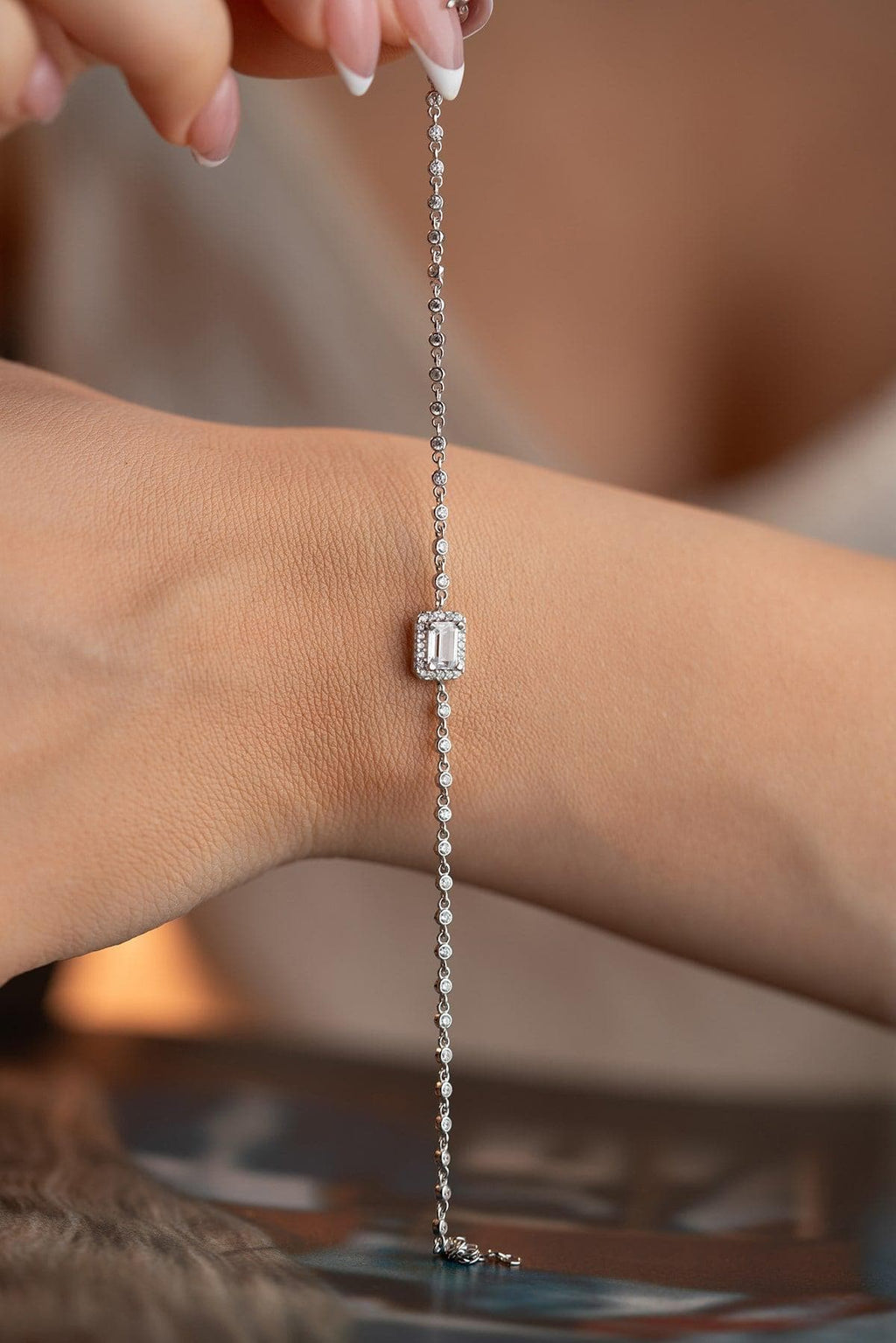 Sterling Silver Baguette Bracelet | Zircon Solitaire Chain Bracelet | Minimal Gift for Her