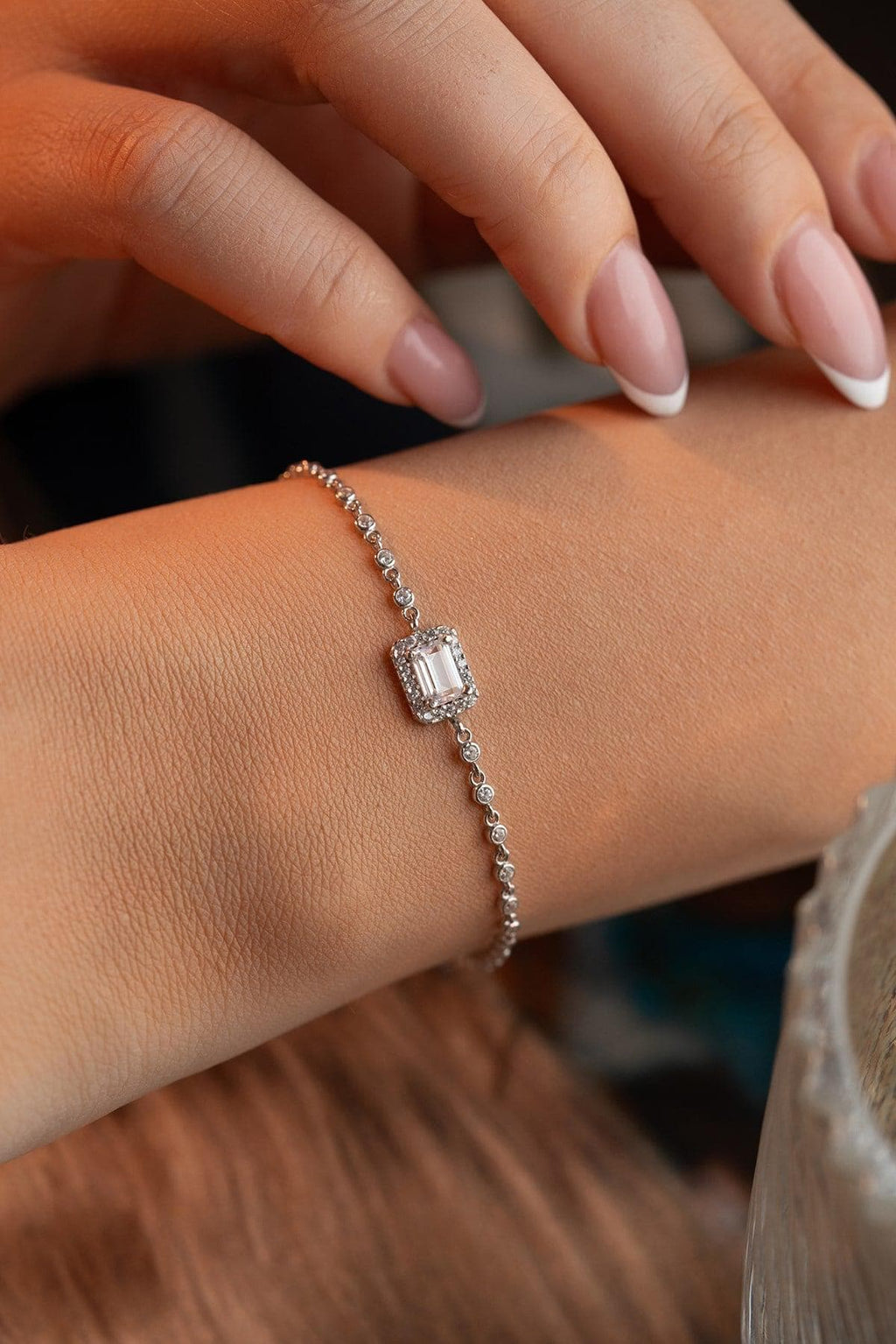 Sterling Silver Baguette Bracelet | Zircon Solitaire Chain Bracelet | Minimal Gift for Her
