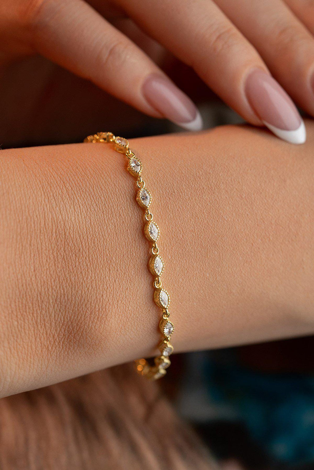 Gold Marquise Zircon Bracelet | Sterling Silver Dainty Chain Bracelet | Gift for Her